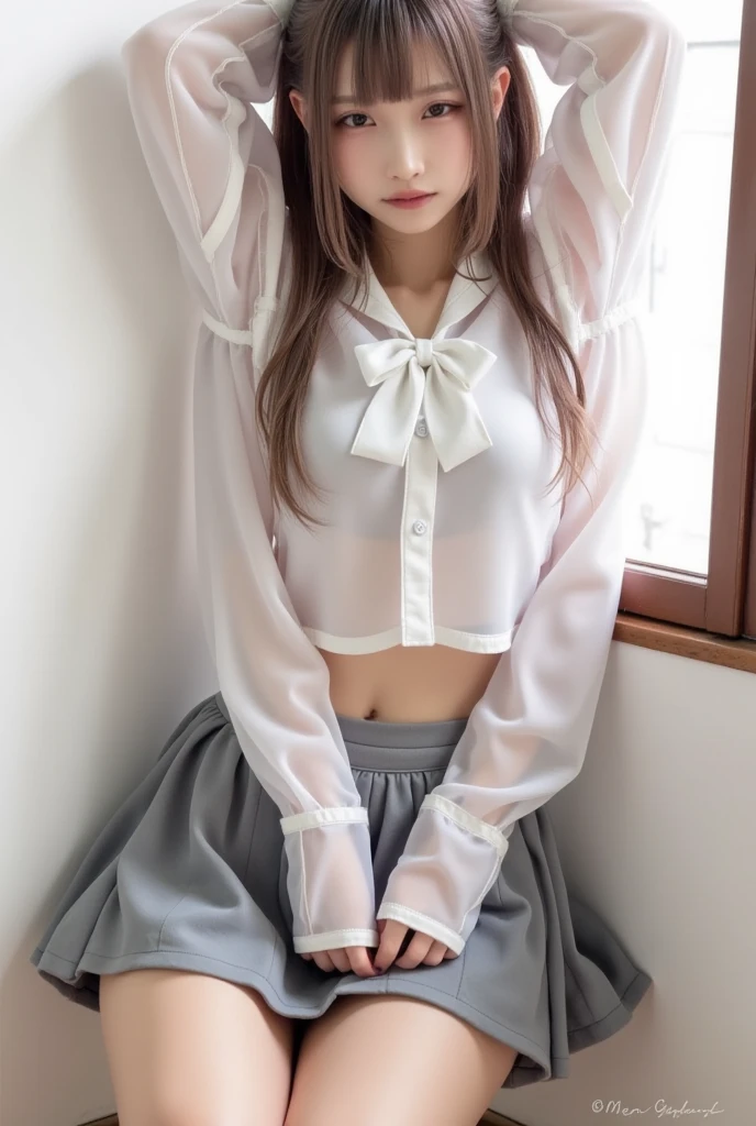 (RAW photo, 4k, masterpiece, High resolution, Very difficult) (realistic: 1.4), movie lighting 1 girl, single focus, summer afternoon, hot, Sweat,1990s\(style\), big breasts, (8k, RAW photo, highest quality, masterpiece:1.3), (realistic, Photo-realistic:1.37), (night), (looking at the viewer:1.331), (pink hair), take a pose, soft light,1 girl,very beautiful face,Random hairstyle,random expression,Big eyes,bow,lower abdomen,(short sleeve . JK_shirt),JK_style,(Navy JK_skirt) ,(bow JK_tie),mix 4,(No panties), (No bra), (erect nipples),Wet,(((See-through))),torn costume