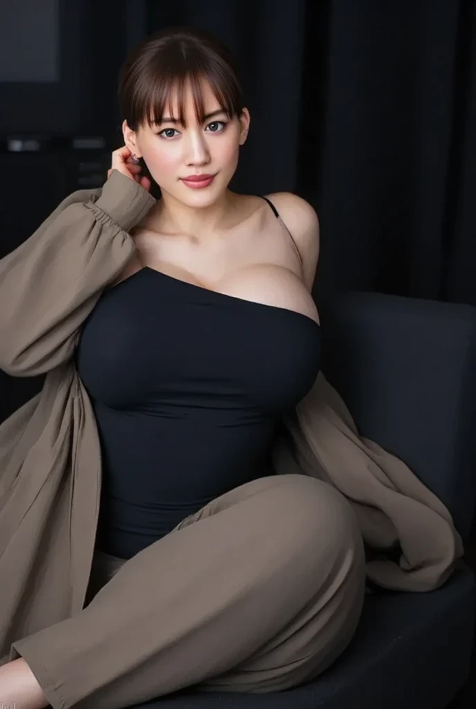 (Browsing Caution), (RAW Photos), (Realistic), (Photorealistic), Ultra-high resolution, masterpiece, Highest quality, Portraiture, facial Portraiture, Perfect lighting, Detailed lighting, Dramatic Shadows, Ray Tracing, 1 Japan Beautiful, 40 years old, Sensual, Cleavage, Plump figure, Beautiful and delicate brown eyes, Red lips, big breasts, big ass, big thick thighs, Short Hair, Black Hair, Earrings, Mouth half open, gentle smile, View your viewers, Wearing a V-neck knit sweater, black lace pantie, In living room,