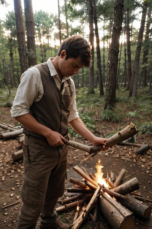 handsome young man, beautiful face, white skin, soft, skinny, short hair, shirtless, in a jungle cutting firewood with an axe, in the middle of the jungle behind him a house