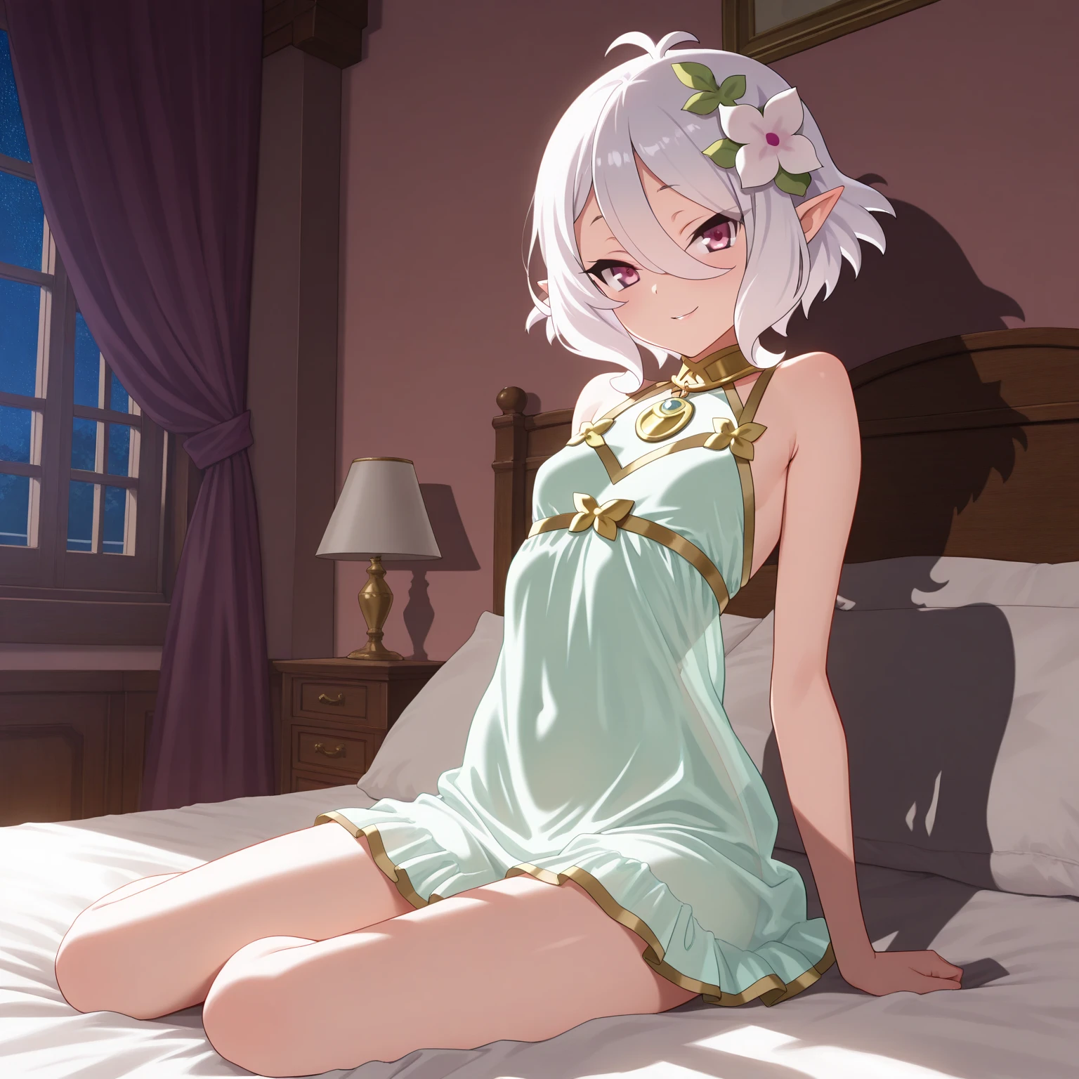 Best Quality, top-quality、(cute petit girl:1.3),Beautiful pink eyes、flat chest、Lori、(Cuteness beyond limits)、Shining thighs、((Cute smile))、tied up with a collar、cute white lingerie、Show your ass