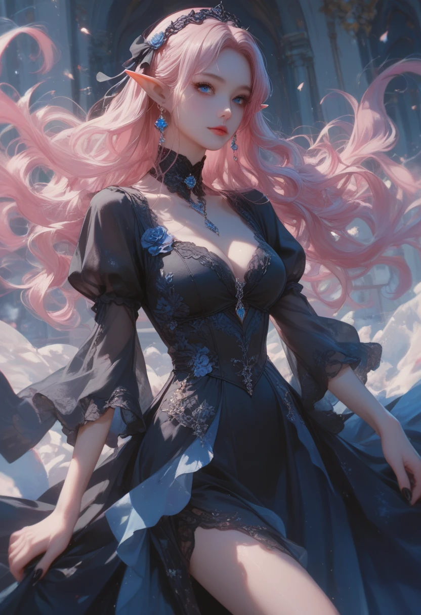 It is an art that depicts a charming young woman wearing flowing clothes., Soft traditional oriental outfit, pink, Decorated with intricate patterns and bright colors.. Her dress hung elegantly over her curvy figure., Emphasizing her seductive silhouette. She stood tall on the moonless night., Bathed in the soft glow of the moonlight. This scene was filled with an ethereal and dreamy atmosphere., With a touch of mystery and sexiness.. The graphic style combines watercolor techniques and digital illustrations to create a refined beauty and charm.. The lights were filled with soft moonlight., Creating soft highlights and shadows on her charming face.. bare thighs, big breasts, three dimensional face, sit, Legs upturned