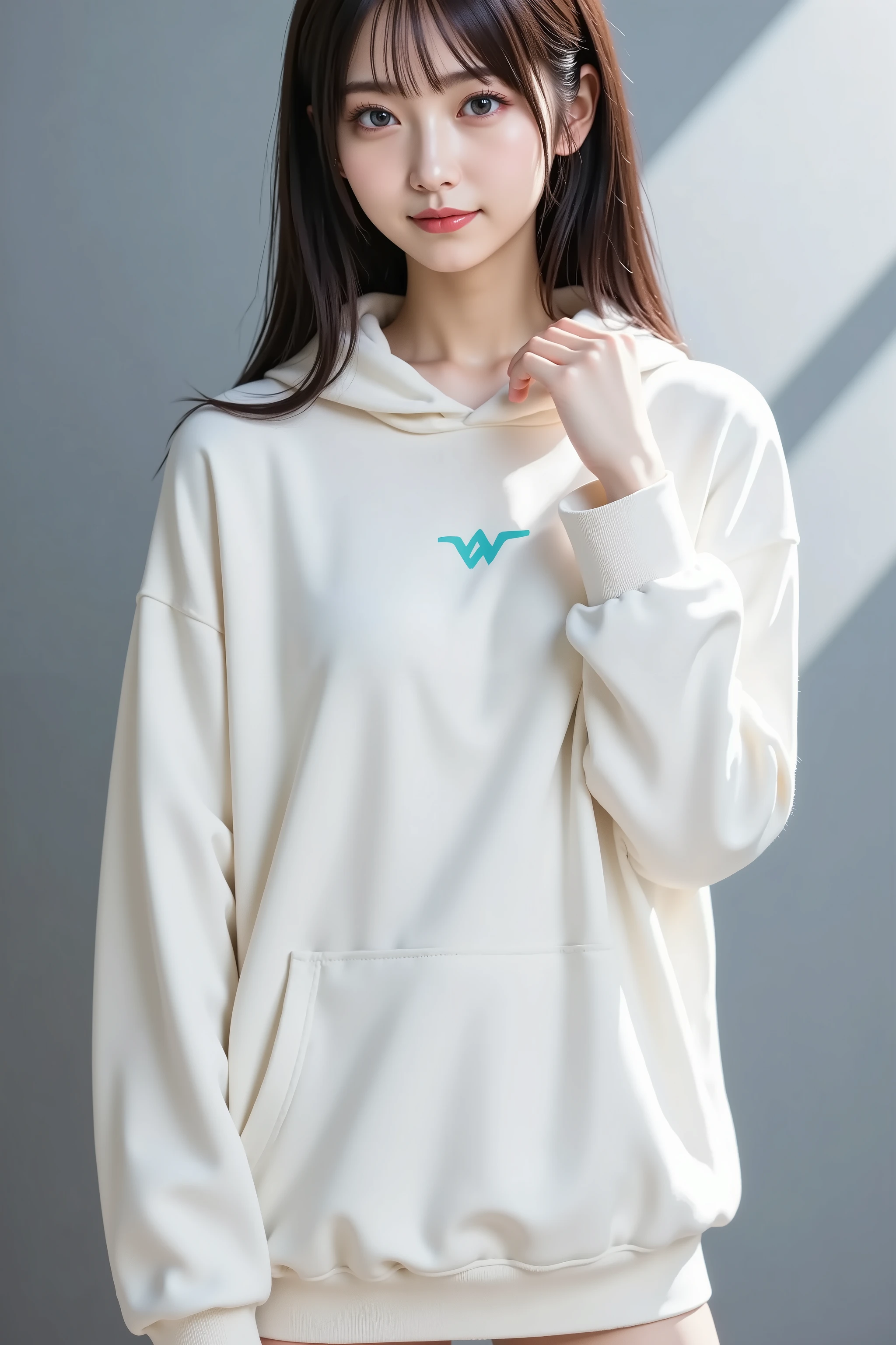 misaki, firm breasts, ultra-high-resolution 8K CG illustration of a Japanese anime-style girl portrayed in a portrait composition. She stands naturally against a softly lit, gradient background in a minimalist indoor setting. The scene is clean and free from distractions, placing full emphasis on the subject herself. Her full figure is centered precisely in the frame, with her head entirely visible and fully contained within the image boundaries, avoiding any cropping. She is framed symmetrically both vertically and horizontally. She has smooth pale skin, large expressive turquoise-blue eyes with soft shading, and long jet-black hair flowing in gentle waves past her shoulders. Her bangs are parted slightly in the center, framing her face delicately. She wears a relaxed, thoughtful expression, with soft lips slightly parted and eyes gazing forward. Her right hand rests lightly near her face with a loose grip, while her left hand is tucked into the front pocket of her oversized hoodie. The hoodie is plain white with subtle folds and soft shadows, featuring long sleeves that extend just beyond the wrists. A simple cyan zigzag graphic is printed on the front. The hoodie’s loose fit falls below her hips, with natural creases along the hem. Her legs are bare and smoothly shaded, matching her delicate anime-inspired proportions. She wears no visible shoes or accessories. Lighting is soft and ambient, casting gentle highlights across her skin, hair, and fabric. The background is a simple gray-to-blue vertical gradient, adding to the tranquil atmosphere. The entire image is rendered in a high-quality anime-style CG, with smooth transitions, clean composition, and polished visual detail.