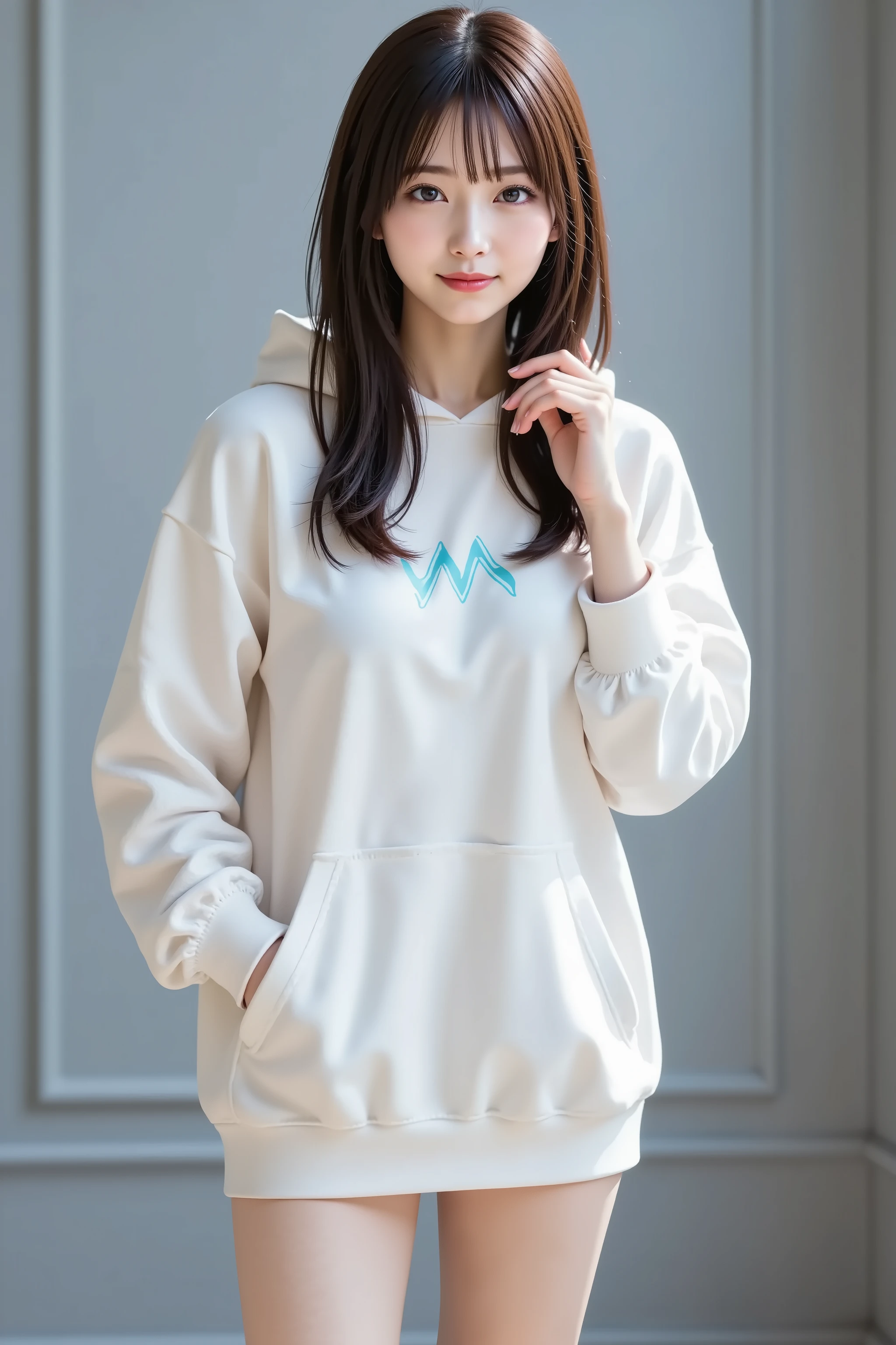 sakura, firm breasts, ultra-high-resolution 8K CG illustration of a Japanese anime-style girl portrayed in a portrait composition. She stands naturally against a softly lit, gradient background in a minimalist indoor setting. The scene is clean and free from distractions, placing full emphasis on the subject herself. Her full figure is centered precisely in the frame, with her head entirely visible and fully contained within the image boundaries, avoiding any cropping. She is framed symmetrically both vertically and horizontally. She has smooth pale skin, large expressive turquoise-blue eyes with soft shading, and long jet-black hair flowing in gentle waves past her shoulders. Her bangs are parted slightly in the center, framing her face delicately. She wears a relaxed, thoughtful expression, with soft lips slightly parted and eyes gazing forward. Her right hand rests lightly near her face with a loose grip, while her left hand is tucked into the front pocket of her oversized hoodie. The hoodie is plain white with subtle folds and soft shadows, featuring long sleeves that extend just beyond the wrists. A simple cyan zigzag graphic is printed on the front. The hoodie’s loose fit falls below her hips, with natural creases along the hem. Her legs are bare and smoothly shaded, matching her delicate anime-inspired proportions. She wears no visible shoes or accessories. Lighting is soft and ambient, casting gentle highlights across her skin, hair, and fabric. The background is a simple gray-to-blue vertical gradient, adding to the tranquil atmosphere. The entire image is rendered in a high-quality anime-style CG, with smooth transitions, clean composition, and polished visual detail.