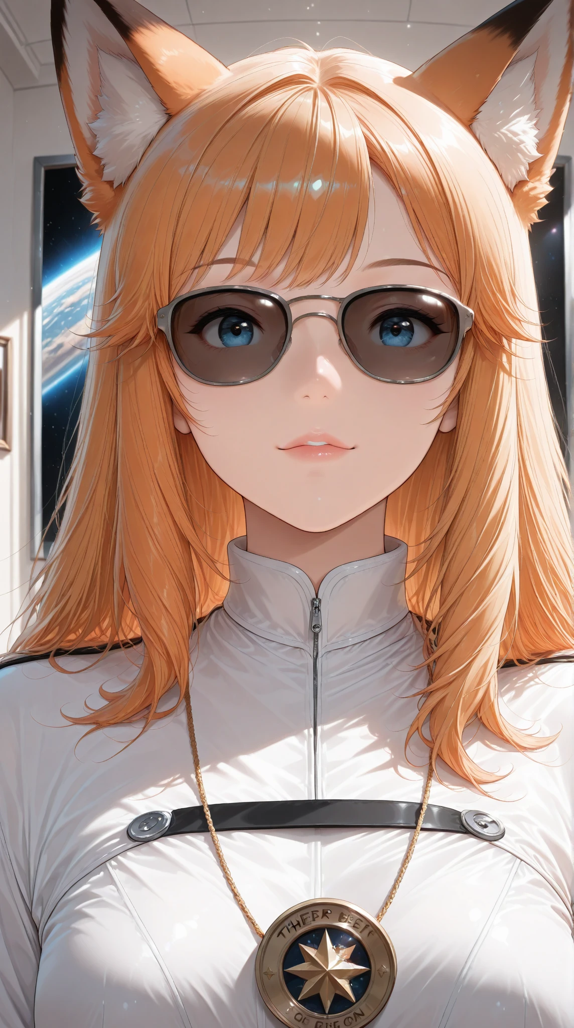 The best gravure, Award-winning gravure, frontal view portrait of a cute woman in 1960s space age fashion, portrait photo, shot with Canon EOS R5, setting strong contrasts to highlight the subject, fluorescent blue tone, wearing a very modern coat and sunglasses in 1960s style, Similar Colored Clothes, beautiful background, ((Best Quality)),( super high definition),(Super detailed),( detailed description ),((The best CG)),(masterpiece),fox girl 