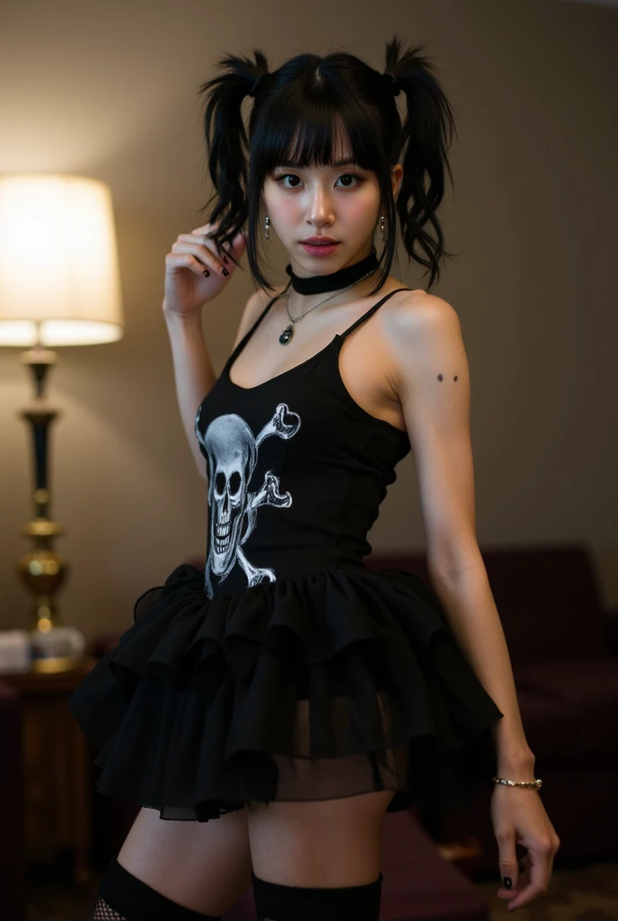 Grin, (chapel:1.3), (bara nipples:1.3), (Nipple peek:1.3), hair over one eye, flat chest, GothGal, a woman in a black and white dress,ribbon,lace,goth print, woman wearing a GothGal outfit skinny, (One girl), young woman, 17 years old, Clean and shiny lips,Beautiful hip line, Shiny thighs, ultra detailed, Best Quality, Masterpiece, 8k, realistic