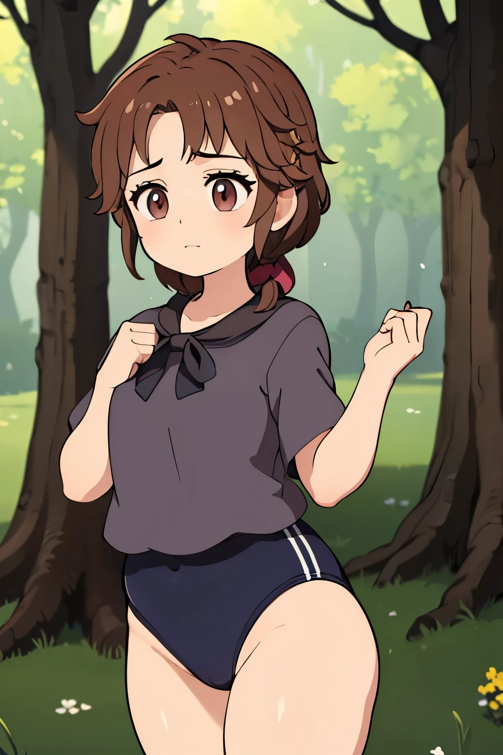 (masterpiece, highest quality), 1 girl, beautiful face, beautiful body,  wearing a Black gymnastics bloomers, High leg、white blouse,    cowboy shot、Are standing、full body portrait、alone, complex details, enlarged textures, complex details, finely detailed eyes and detailed face, intricate details, (closed mouth), perfect eyes, equal eyes, perfect body, extremely detailed, (), extremely realistic 3d,In a dark forest、cap,long violate hair,Grass