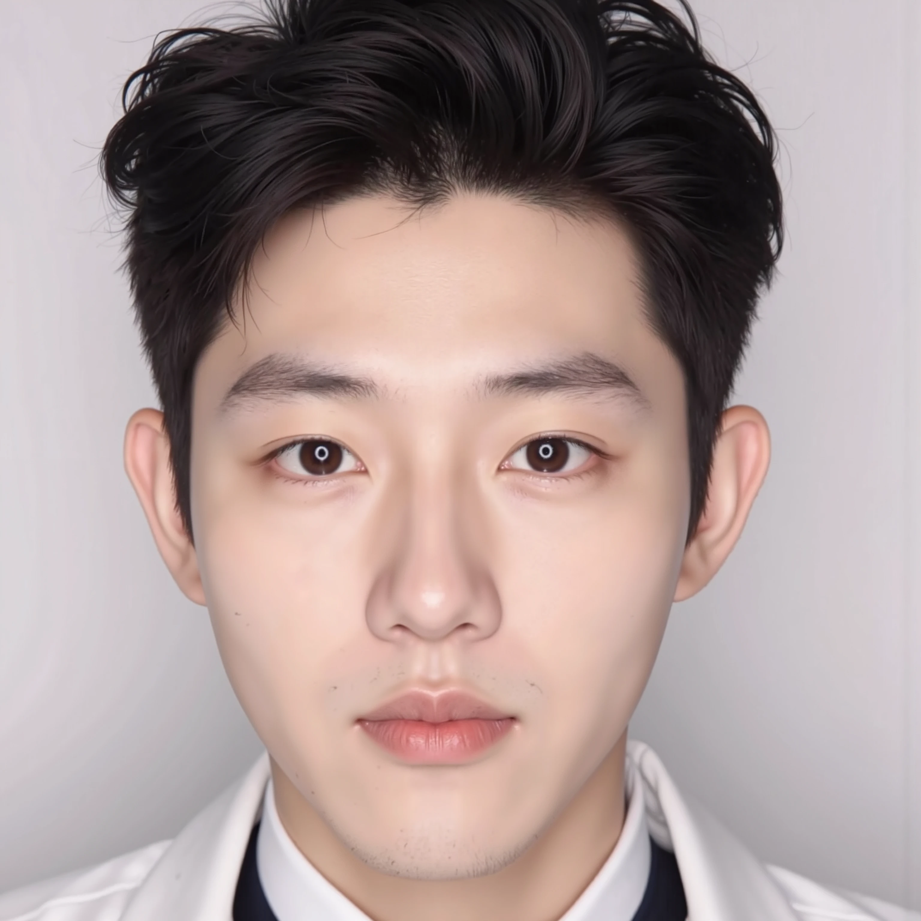 Create an image of a man with delicate and striking features. Create an face similar to jungkook or Young Handsone Chinese Artist Man, has a clear chin line，A charming smile, Although, Very charming. Clear skin , Sometimes use slightly anime messy hair to create a natural look. Almond eyes,  sharp eyesight ，usually has a clean, neat hairstyle. , black, smooth hair, Muscles are underdeveloped， full of modernity . Create an image of a man with delicate and striking facial features. fit, due to year-round dance training， Smooth muscles . The skin tone is slightly light yellow due to outdoor sports, , an upright posture，well-trained. 