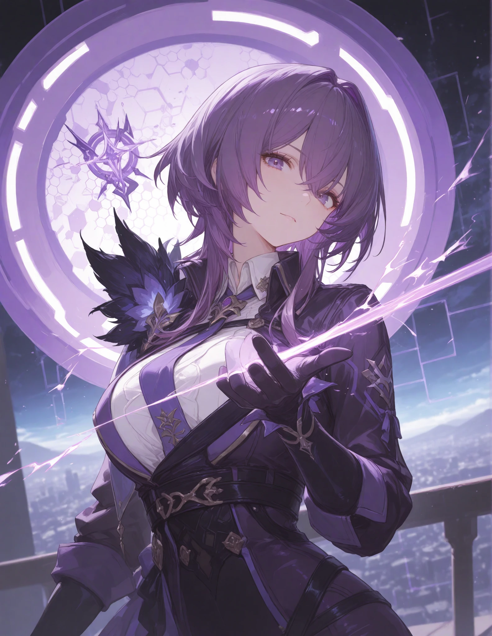 masterpiece, top quality, super detailed, high resolution, (ink painting style), excellent anatomy, 1 beautiful woman, figure, alone, Image body, flower, view viewer, purple eyes, jewel-like eyes, very fine grain, highly detailed face, star, (night), constellations, purple energy, handrail, meteors, best light, best shadow, mysterious, perfect face, highly detailed,
