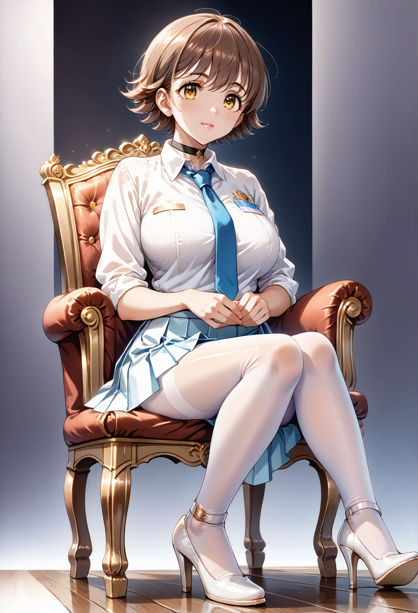 score_9, score_8_up, score_7_up, source_anime, 4K,perfect fingers,(perfect hands, perfect anatomy),prefect lighting, very aesthetic, intricate details,highly detailed background, masterpiece, high quality, best quality,
1girl,solo,hndmo, short hair, brown hair, yellow eyes, large breast,
wearing ((Black choker, Collared shirt, White shirt, Blue tie, light beige pleated mini-skirt, white opaque tights that extend to her ankles , white low-heeled shoes, )),,
((Sit on the chair:1.5)), Dark gray background, A sagging breast,