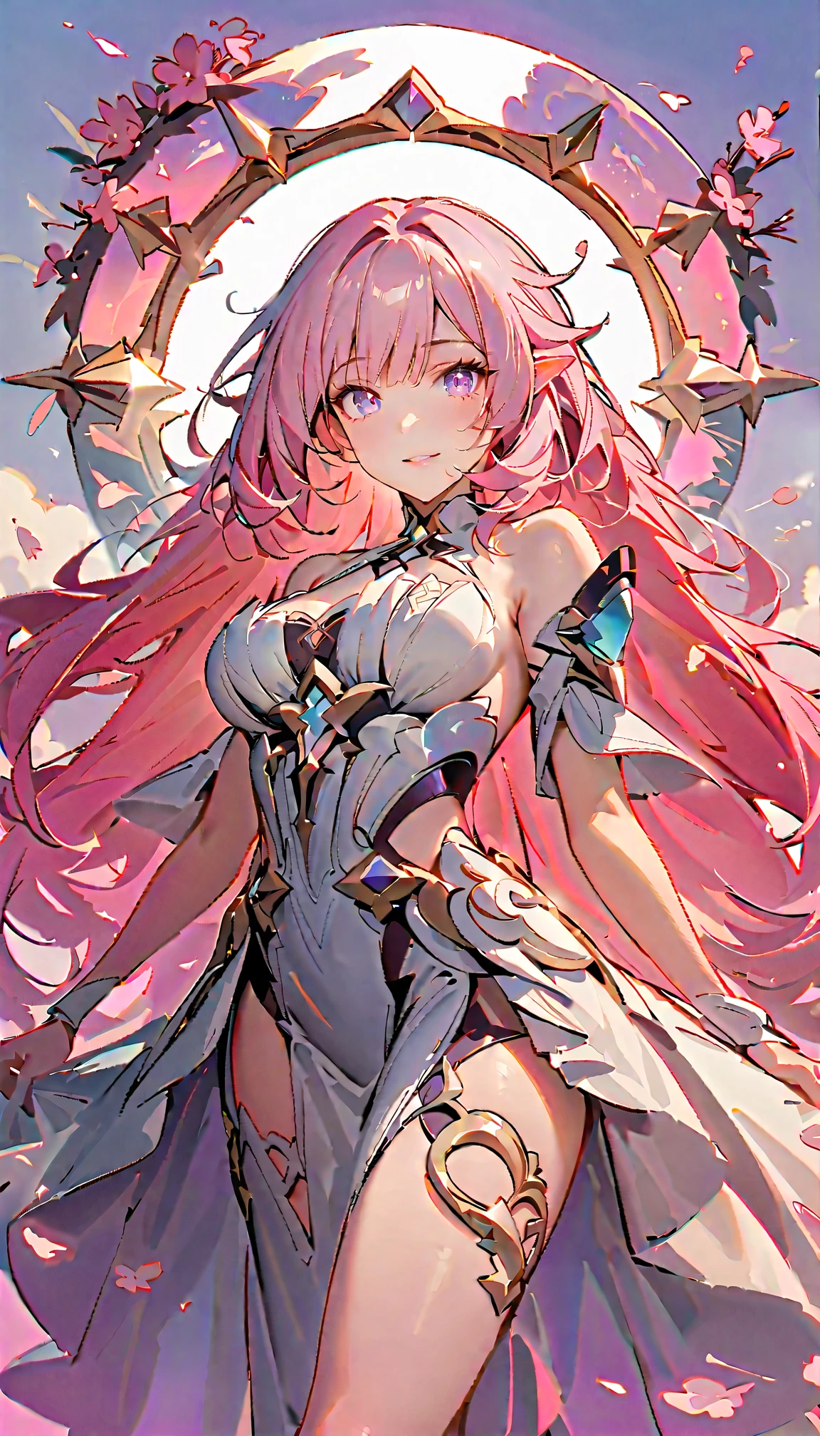 Masterpiece, high image quality, high definition, vast starry sky, solo, skeleton faithful to human anatomy, very pale color, very gentle eyes, detailed illustrations, firmament, fantastic vast landscape, vertical elliptical face, small breasts, bound waist, small ass, young beauty elf, ultimate smooth skin, western nose, fullbody, mouth closed, thin long ears, long pink hair, straight hair, smile, blowing wind, Long dress in white velvet, ((delicate embroidery)), (Looking up from the ground))), sky with flowers dancing