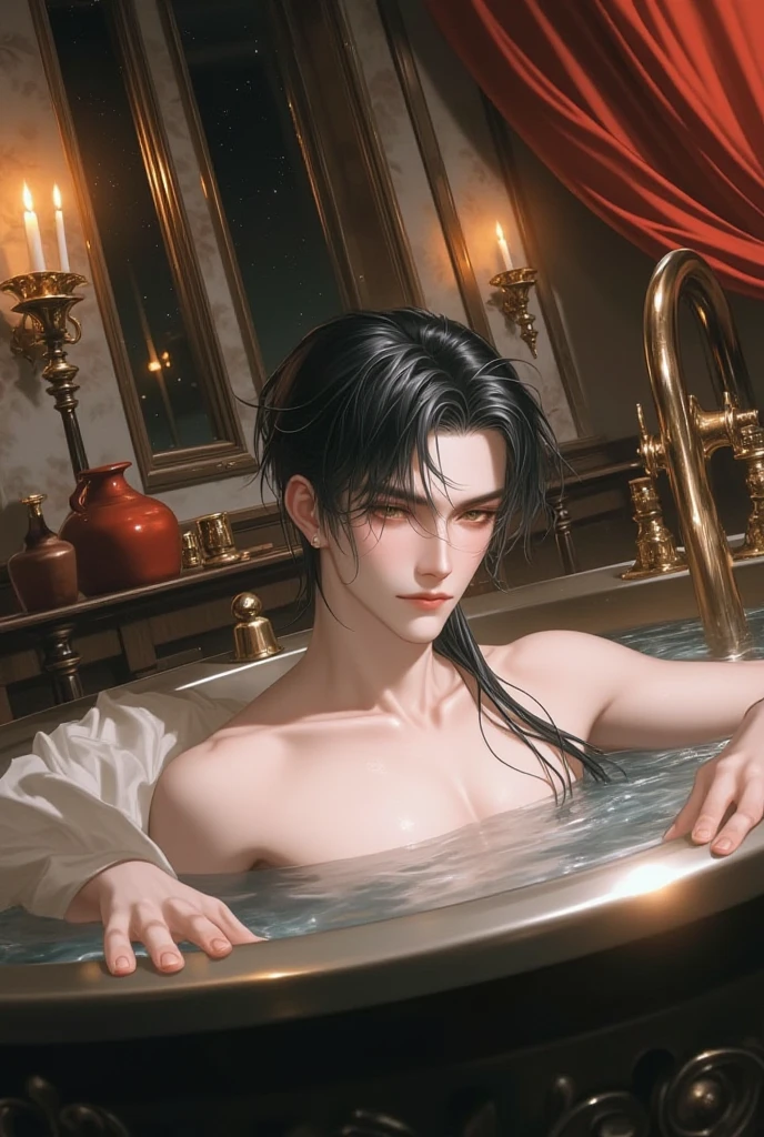 A handsome man with a big chest in a bathtub, candle lit bubble bath, big pecs, attractive male, sexy masculine, relaxing, handsome male, oppai, oppai proportions, cinematic lighting, high contrast, vivid colors, 8k, masterpiece