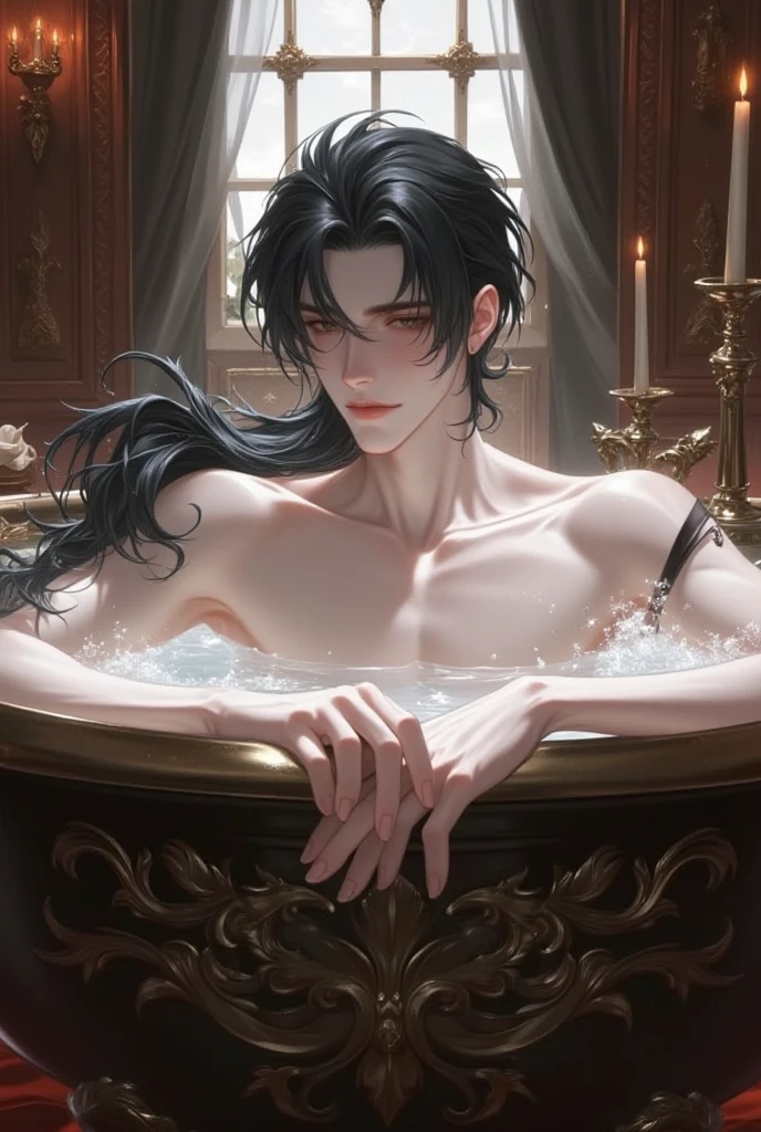 there is a male figure sitting in a bathtub with candles, handsome male vampire, beautiful male god of death, male vampire, sylas, handsome guy in demon slayer art, male vampire of clan banu haqim, beautiful androgynous prince, magali villeneuve', handsome prince of persia, with his long black hair, commission for high res