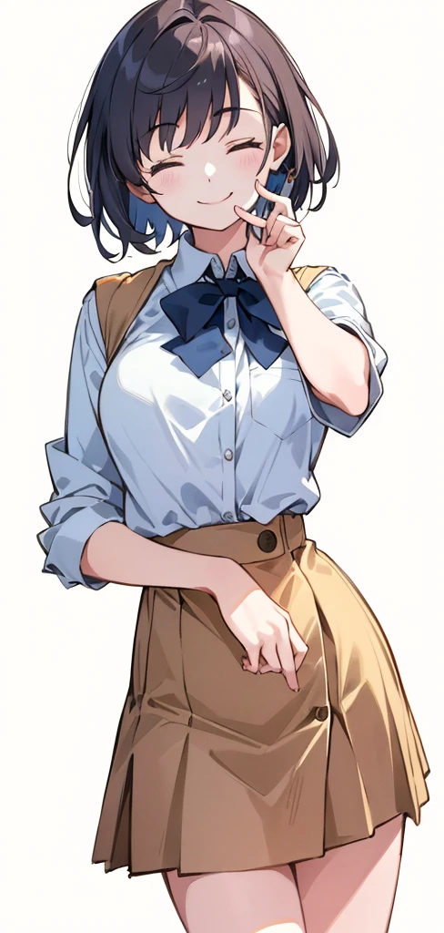girl with a slim build and white complexion, long straight waist-length hair, his hair is dark red, light brown eyes and has some freckles on her face, She is dressed in a white button-down shirt and a tight black skirt., wears gold jewelry 