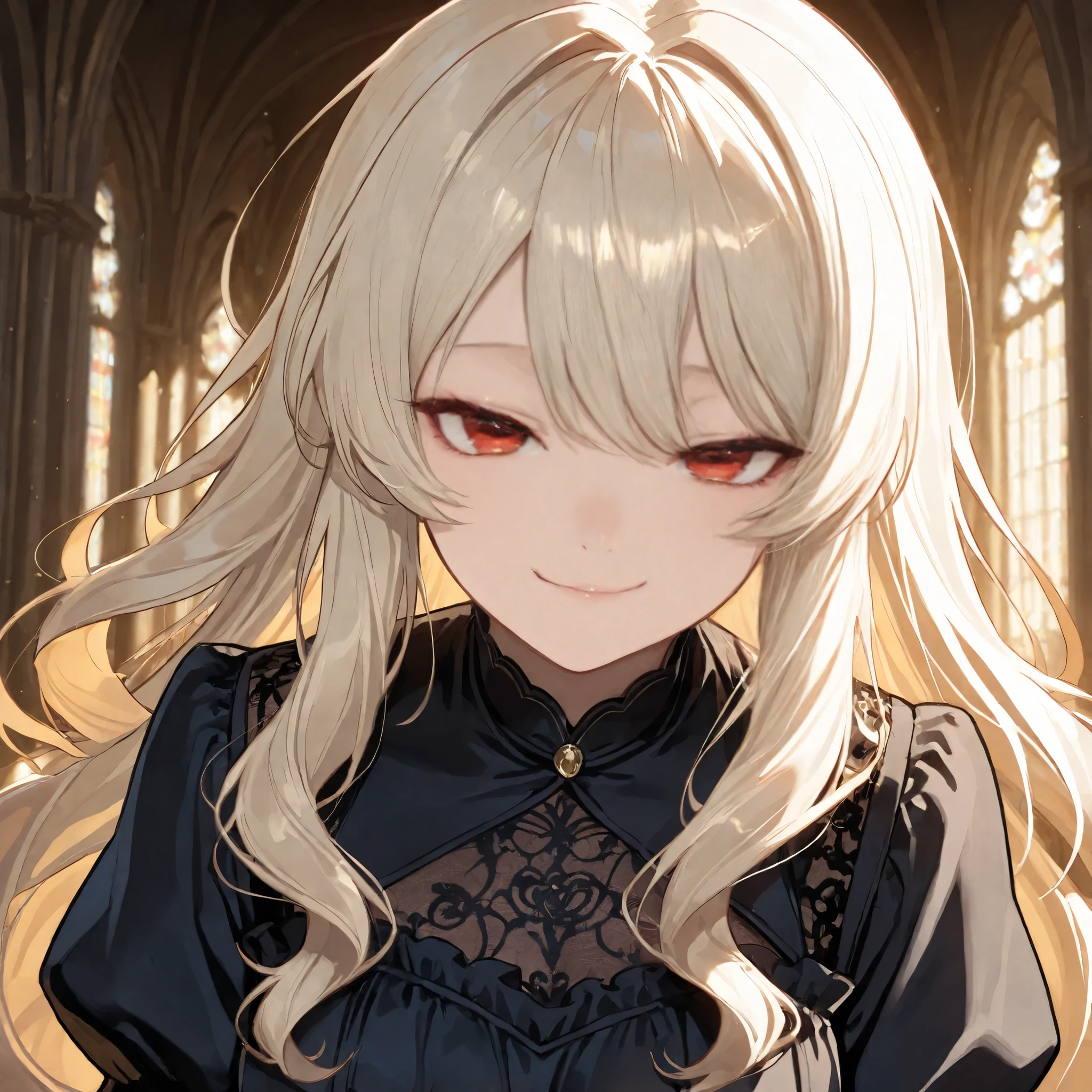 solo, long platinum blonde hair, flowing hair, red_eyes, drowsy expression, sharp gaze, elegant features, fallen saint, dark dress, alluring pose, seductive smile, gothic cathedral background, 1girl, high quality, detailed artwork, hyper-detailed, high contrast, depth of field, ray tracing, best lighting, cinematic composition, beautiful face, beautiful eyes, sharp focus, (masterpiece:1.2), (best quality:1.2), (very aesthetic:1.2), (absurdres:1.2), (detailed background),white_horizontal_pupils