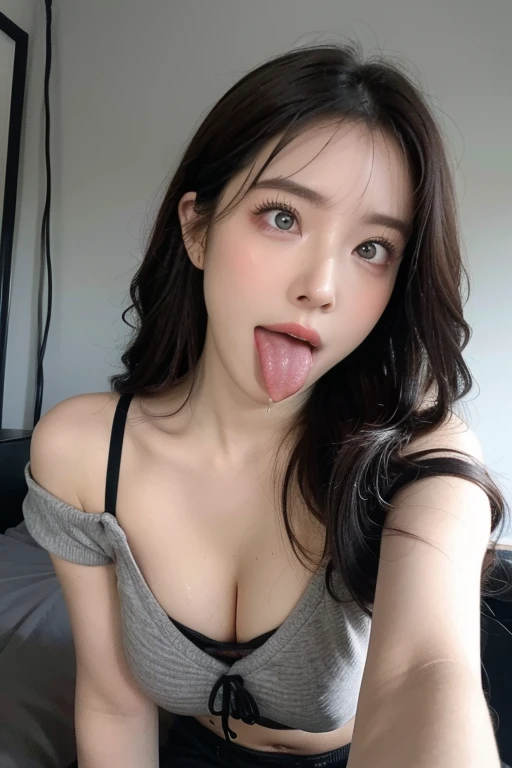 Tabletop、、Awards - Winning Photos、Very detailed、Face close-up、Keep your eyes focused、Nose and mouth、Face Focus、Woman with open mouth and closed eyes、Close-up of face focus,Off-the-shoulder knit、Age 35、Black Hair、Symmetrical face、Realistic nostrils、Angle from below、Elongated C-shaped nostrils、、、Sweaty skin、Sweat accentuates shiny skin、((Sharp Nose))Skin shiny with sweat、Shiny skin、Big eyes、double eyelid、(My tongue is wet and shiny) ((Wet tongue)) ((Berokisu))10cm to camera lens、((Gray background,Semi-backlit,))