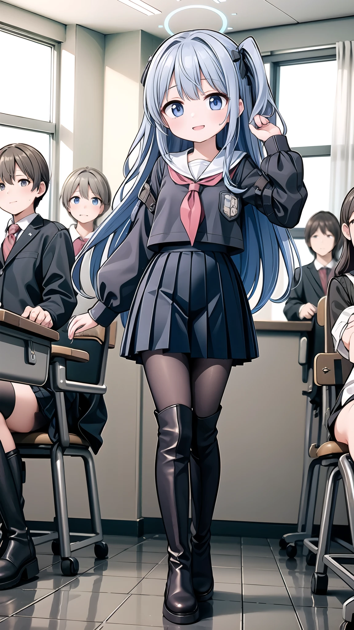 Tsukiyuki Miyako, walk, Classroom, Smile, watching the audience, colorful, (ulzzang-6500:1.0) ,black leather boots,black pantyhose,over the knee boots,peeing
wetting self
desperation