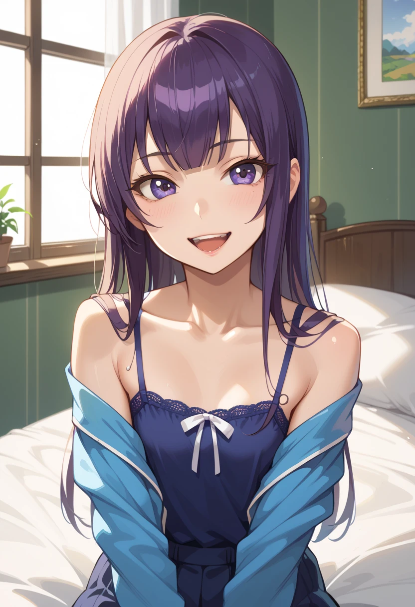((Best Quality)), ((masterpiece)), (be familiar with), perfect face, indoor, bedroom, watching viewers,
One woman, Saeko Tokushima,
open mouth, ecstatic expression, cover, smile,
small , flat chest, Young girl, lori, ren, girl,
long hair, long hair,
opening,