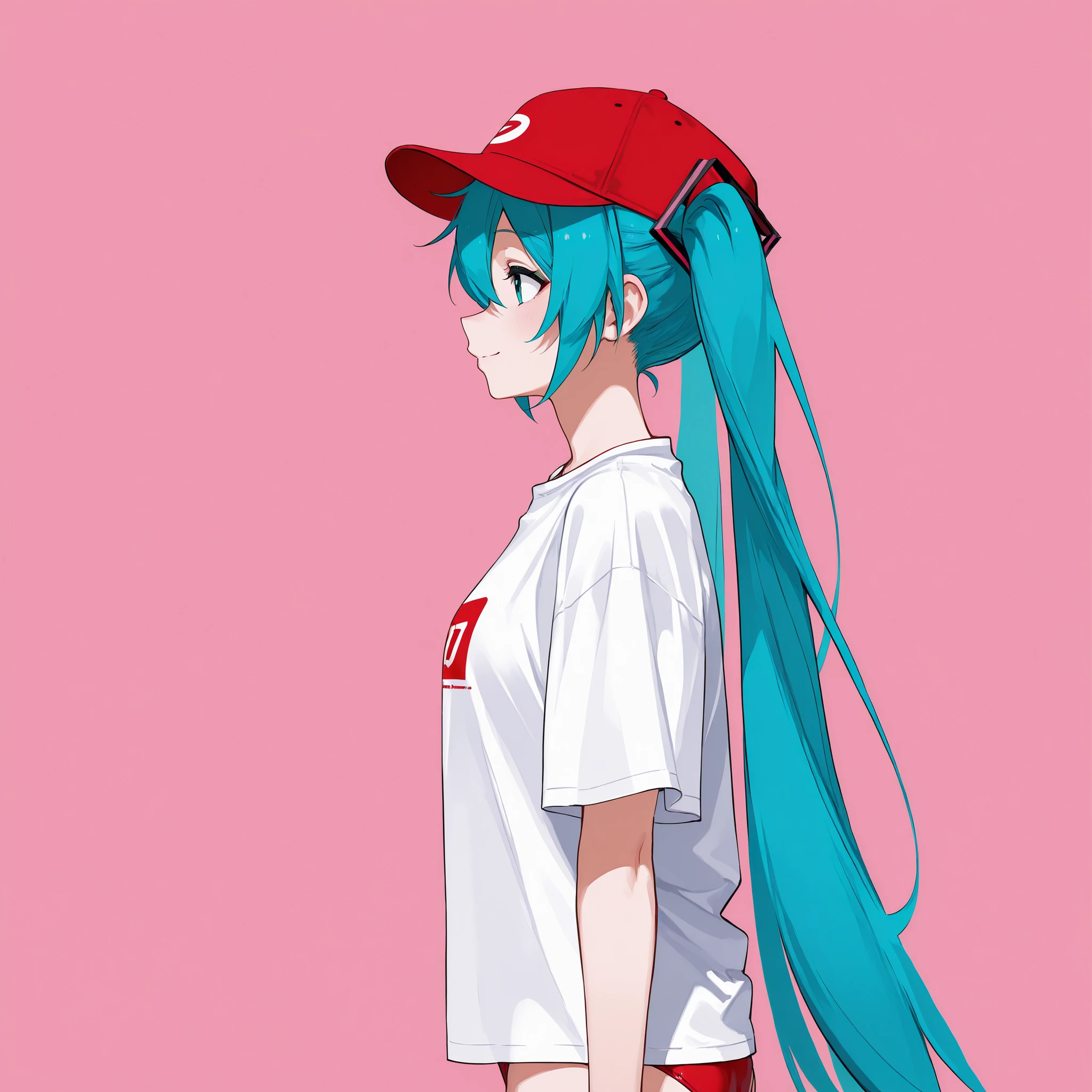 logo musical album by Hatsune Miku, in a red swimsuit , with a big white shirt and red hat, Greeting presumptuous, profile angle and posing in an exaggerated way, pink background