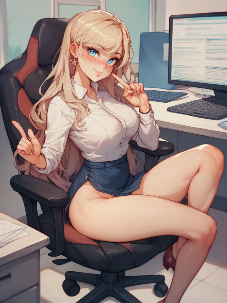 a woman in an office, nude except high heels, (embarrassed expression), beautifully detailed face, detailed eyes, luscious lips, delicate facial features, on the laying on a table pose, cinematic composition,full body,blonde hair,legs spread,(laying a table),((coverd in cum)),