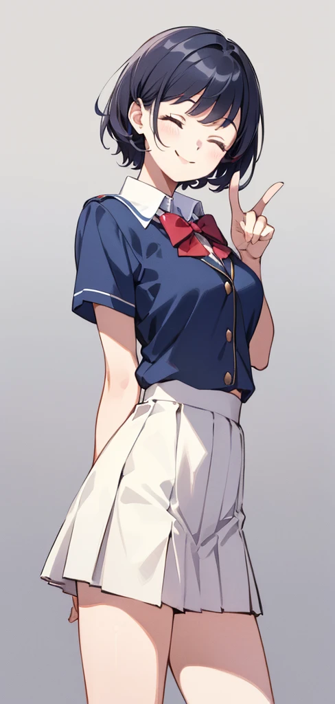 2D illustration, whole body, Anime Girls, Wearing a Japanese uniform, Wide Shot, Long Shot, cute, Gray Hair, short hair, Ahegao Hair , Happy expression, Jump, Idol