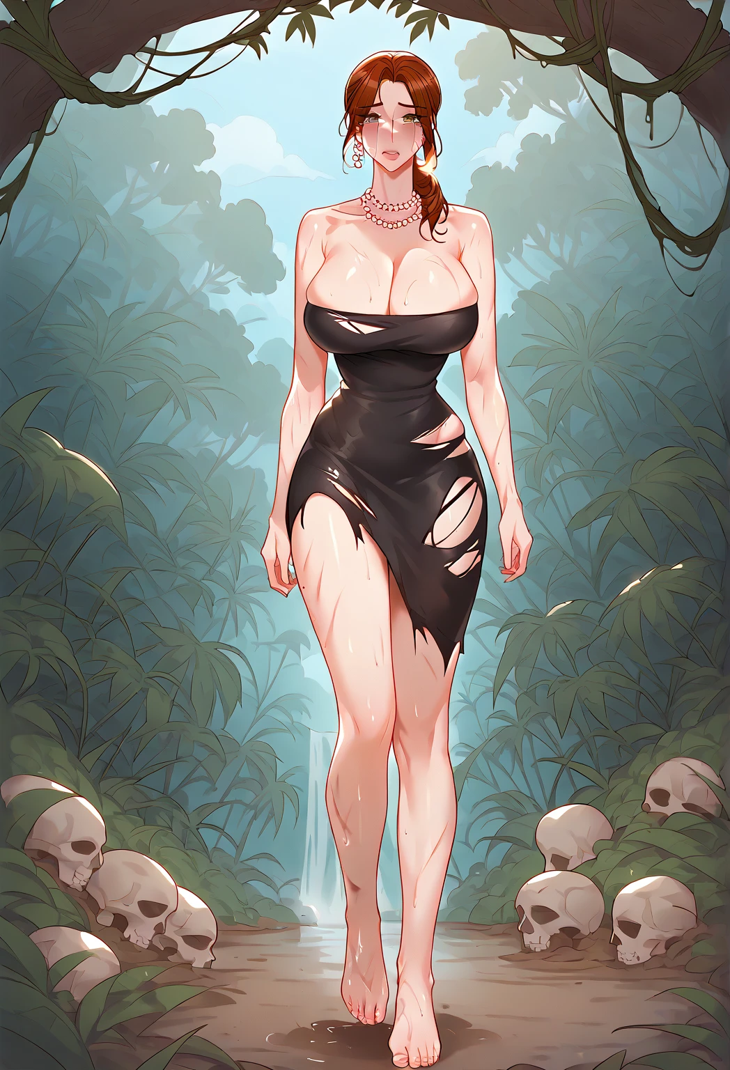 ((highest quality)), ((masterpiece)), (be familiar with), Perfect Face, (High definition), (Best Shadow), 8K, Cinematic, (Realistic:1.4),dramatic, ((A woman hugging a gravestone)), ((Covered in mud:1.2)), (Red hair), ((extra short hair)), (Eyes closed), (Mouth open), (Anguished expression:1.1), (Pure white skin:1.1), Voluptuous body, (Large Breasts:1.1), Narrow waist, Big Ass, Alluring, Drenched white tank top, barefoot, Rain on the skin, Boneyard, 土葬のBoneyard, (heavy rain:1.4), Heavy rain in the middle of the night, (steam:1.4), View from below