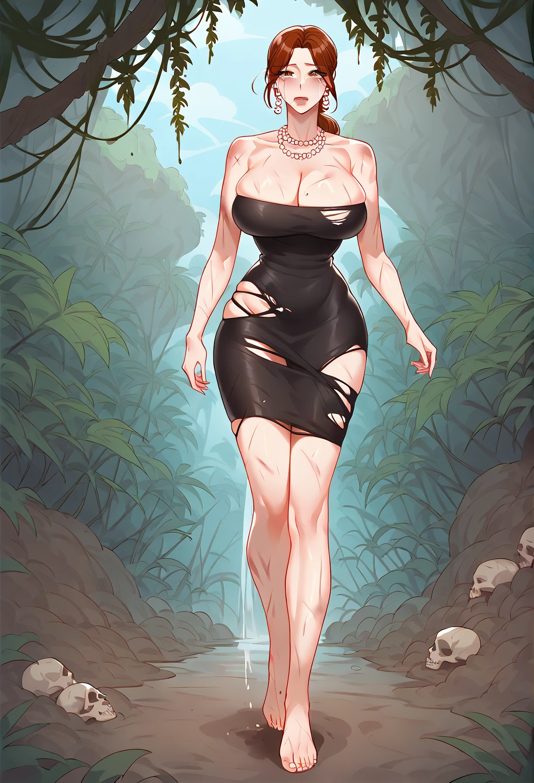UHD 8k, HDR+, Marilyn Monroe, cute blonde female with a necklace, large piercing eyes, huge earrings, giant earrings, her long blonde hair falls over her shoulders, gold bracelets on the arms, long jet black hair flowing over the shoulders, Black high heel shoes, High heels, Black gothic dress, Against the background of the forest, detailed background, realistic, 1girl, solo girl, 20 year old girl, ultra realistic face, hyperrealistic, hyperdetailed, (looking at viewers), sharpen, detailed face, detailed eyes, detailed lips, red lips, beautiful face, 16k, FHD, raw photo, cute face mesh, pretty face mesh, portrait shot 8 k