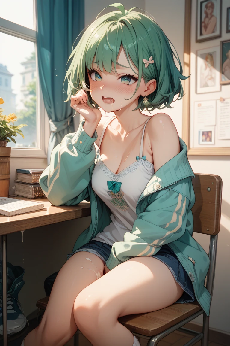 1girl,zessica wong, green hair, short hair, hair ribbon, purple eyes,((white croptop)),revealing clothes, clothing cutout, cleavage cutout, sleevless,(((white short shorts))), ascot,sitting,(spread legs:1.3),(Panties are visible from the bottom of the pants:1.3),slender,(abs,shiny skin:1.1),indoors, school, classroom,smile,masterpiece,Noise Reduction,perfect anatomy,high resolution, ultra-detailed, ultra-detailed face,game cg,dutch angle ,beautiful detailed eyes,visualart,five fingers, perfect hands, perfect lighting, sparkling pupils,