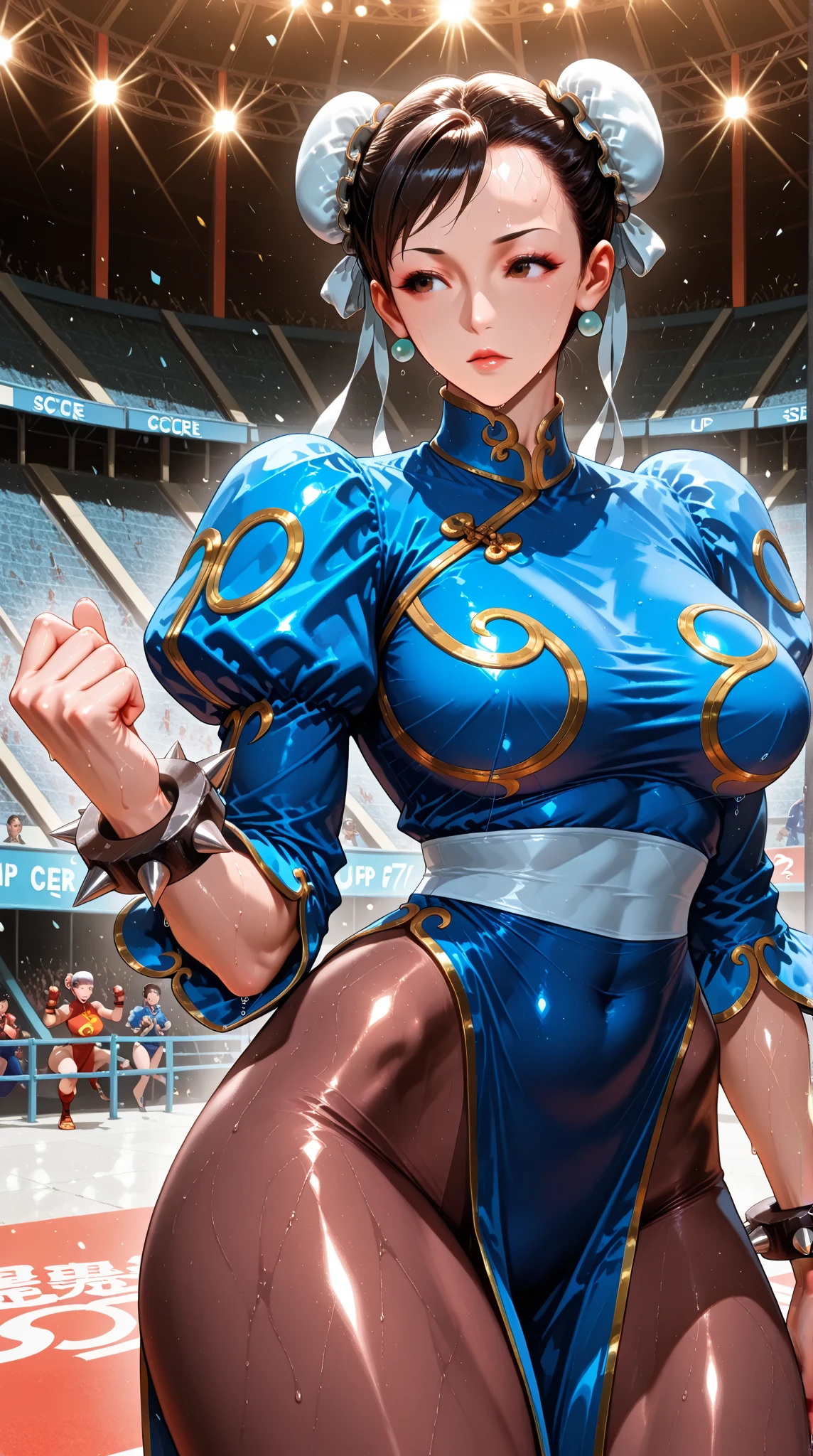woman in her 20s, chunlims, (perfect face), defined jawline, beautiful brown eyes, beautiful lips, (short brown hair, hair bun, double bun), (perfect anatomy), (athletic body), (sexy), (thick thighs), (perfect hands), (blue cheongsam), tight blue track pants, spiky bracelets, looking at viewer, (medium full shot photograph), (fighting arena background), realistic