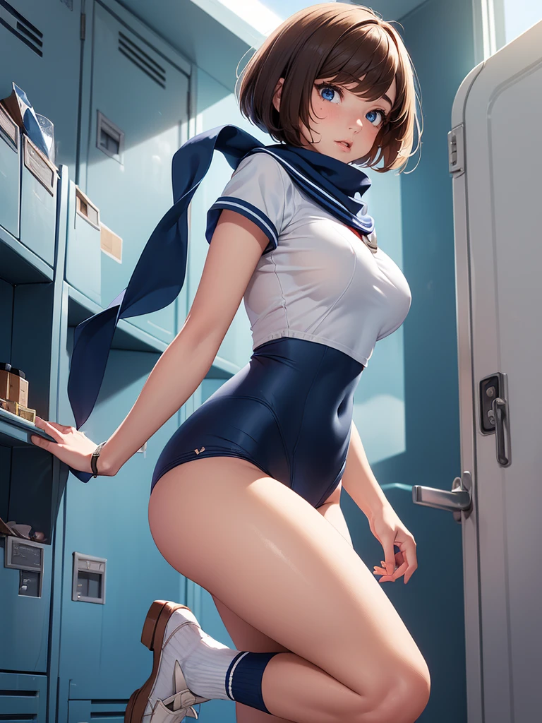 (masterpiece,Highest quality:1.3,best quality illustration,realistic),cowboy shot,1woman,20 year old Japanese beauty,((very small head:1.3)),brown short bob hair,bangs,brown eyes,gorgeous eyes,blush,smile,small breasts,((very long body:1.3)),((toned body,slender body,skinny,tan skin)),(navy uniform、Dark blue blazer jacket、White Shirt、Navy blue tie、Navy blue tight skirt),gleaming skin,shiny skin,sweat,standing,Naval Base、Tokyo、
