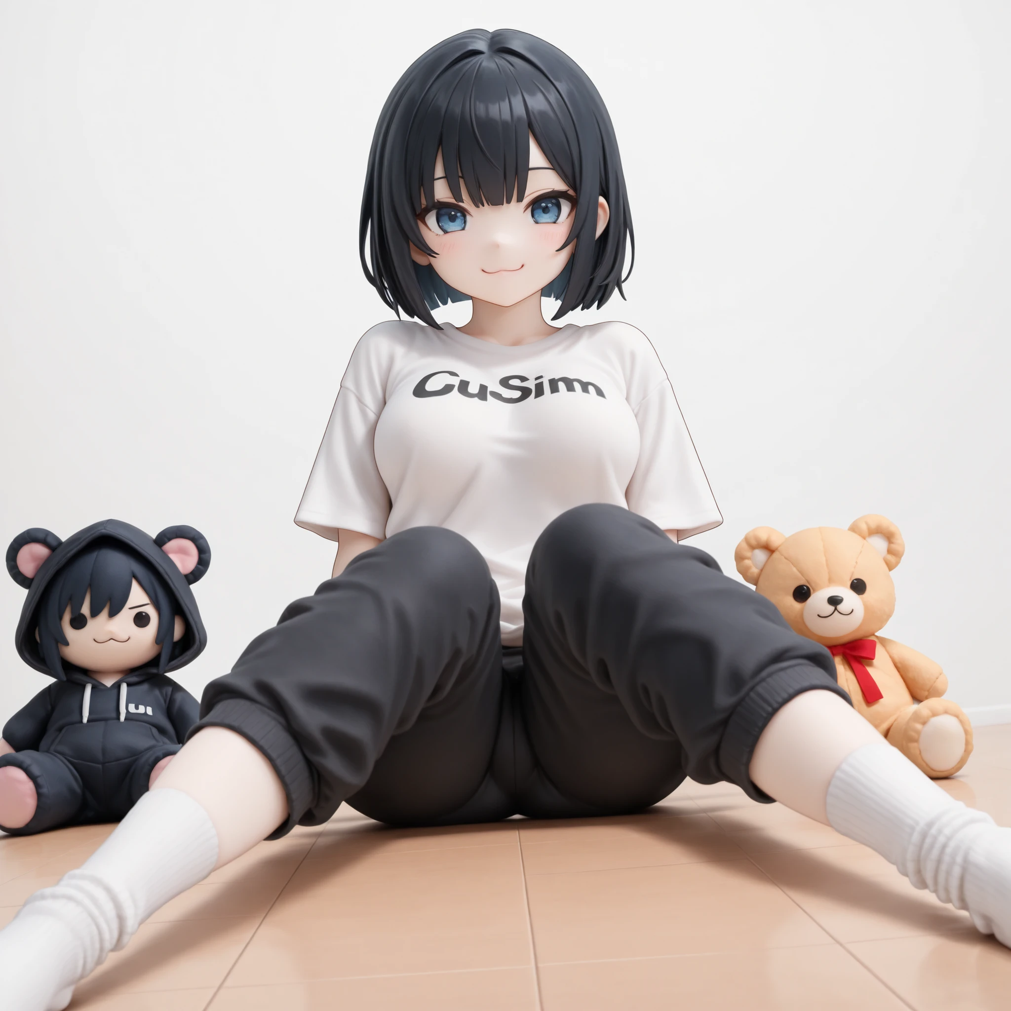 Plushie version, Anime style, 1girl, caucasian with pale skin and a slim and soft body. Medium sized breasts, round ass. Has big blue eyes, black hair cropped in a ruffled bob cut. Wearing white t-shirt, black sweatpants, oversized zip-up hoodie, white socks. (cute ":3" smile expression). White background. Sitting on the floor. Dutch angle shot, masterpiece, best quality, amazing quality, highres