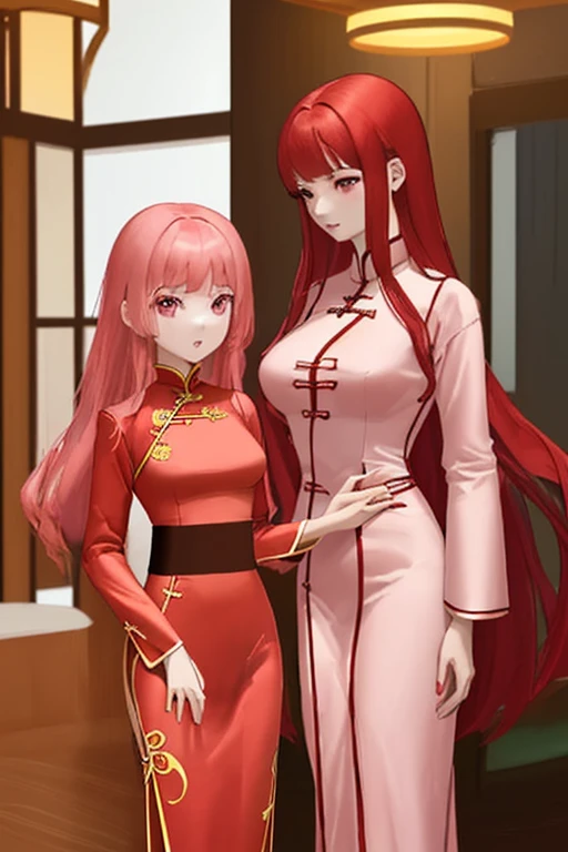 30 year old tall woman with big breasts, red hair with braids wearing a red kimono and a fox mask