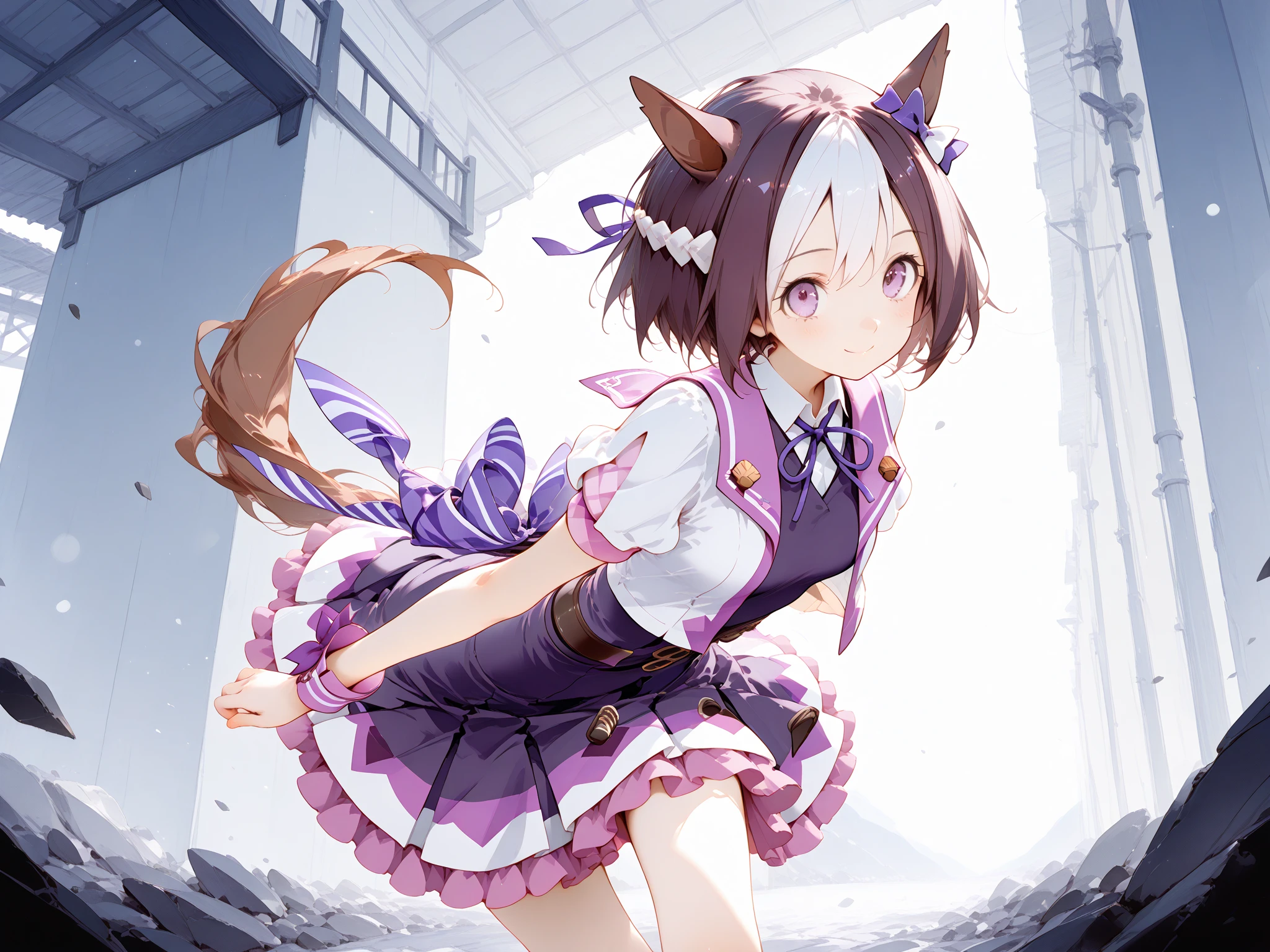 Agnes Tachyon, uma-musume, smile for viewer, skinny, arched back, BREAK, short hair, large breasts, narrow waist, short torso, (long skinny legs:1.2), tail, BREAK, (flapping too short skirt), thigh gap, white string panty, purple shirts, collarbone, bared narrow shoulders, BREAK, blue sky, blowing wind