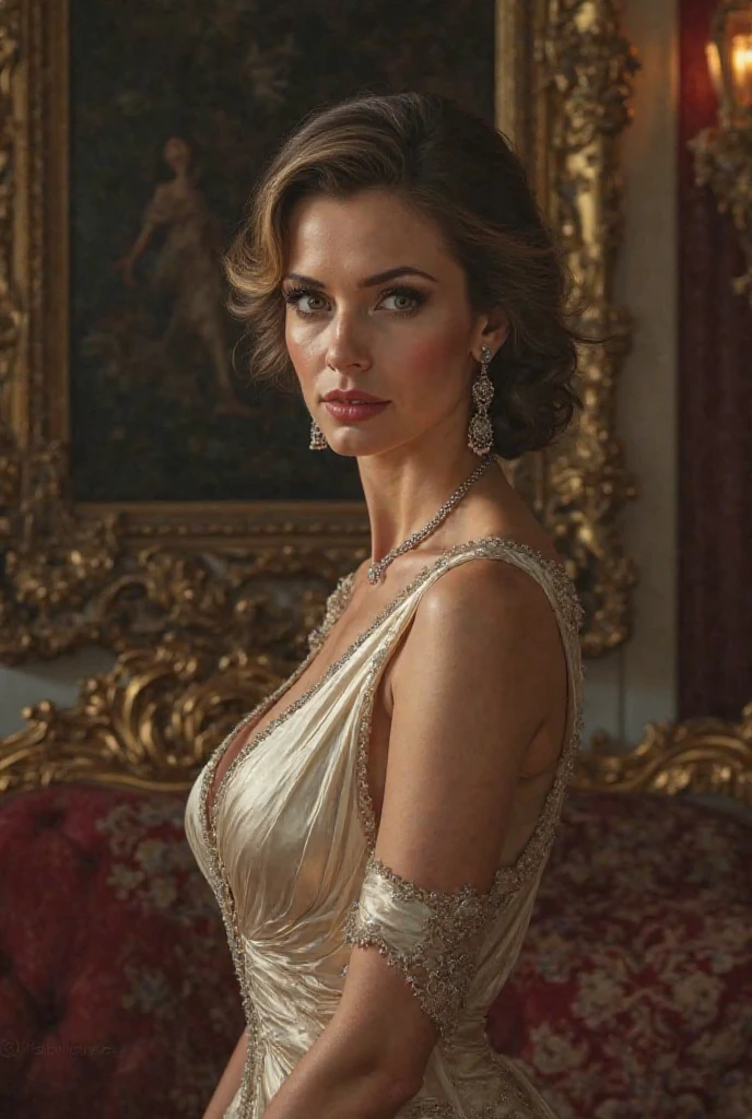 Realistic portrait of Amy Adams, a talented 48-year-old Lois Lane, born under the sign of Leo, sensitive and delicate, white a graceful height of 1,63 meters and a weight of 58 kilograms. She enchants everyone with her unique beauty, her fair skin and blue eyes accentuate her delicate features, which are enhanced by her long and silky red hair. 88 bust, 66 waist, 89 hips.She is wearing a truly magnificent and dazzling gala dress. The dress is made of pure silk with satin details, featuring a blend of ruby red and sapphire blue. The plunging neckline is adorned with a stunning majestic necklace, studded with diamonds, rubies, emeralds, and sapphires, shining like stars in the night sky. The necklace elegantly wraps around her neck, adding a touch of royalty and elegance. Richly decorated with intricate embroidery, lace details, and appliqués in gold or silver, all handcrafted. The long sleeves of the dress are made of delicate lace, providing an ethereal and graceful appearance, reminiscent of butterfly wings. She wears impeccable white gloves, made of fine silk, delicately covering her hands with elegance. On her feet, she wears high-heeled shoes, decorated with gold and silver details, adorned with small diamond stones, adding height and grace to her figure. On her head, she wears a stunning six-pointed crown, studded with rubies, with each point holding a pearl. In the background, a medieval castle with its majestic towers and imposing walls, surrounded by a lush landscape. An enchanting fairytale environment with beautiful gardens and water fountains reflecting the sunlight. The ancient stone walls provide a fascinating contrast with the vibrant and warm colors. The lighting further highlights the dress details, the precious stones of the necklace, and the dazzling crown on her head. Soft and bright light creates a magical effect, enhancing the colors and bringing even more glamour and sophistication. Gracefully, she moves toward the viewer, her eyes fixed on his