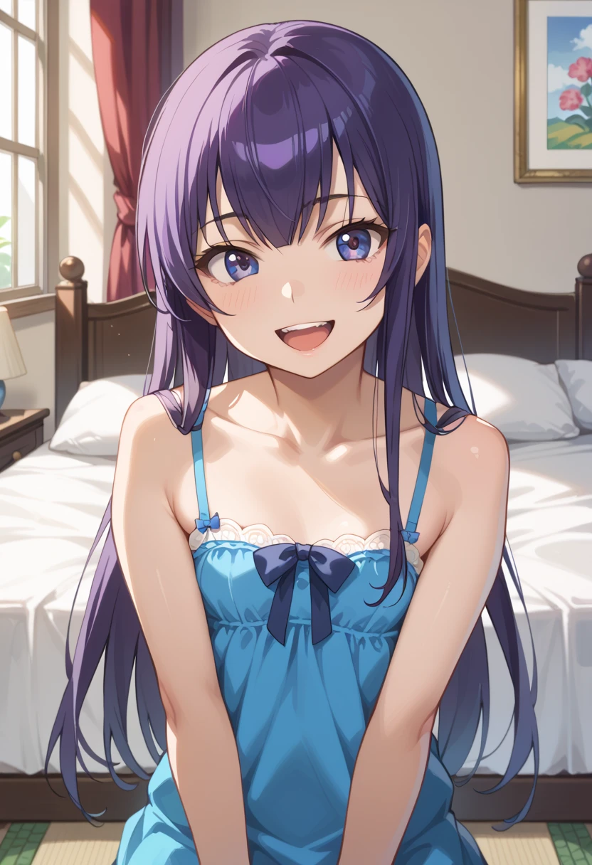 ((Best Quality)), ((masterpiece)), (be familiar with), perfect face, indoor, bedroom, watching viewers,
One woman, Saeko Tokushima,
open mouth, ecstatic expression, cover, smile,
small , flat chest, Young girl, lori, ren, girl,
long hair, long hair,
opening,