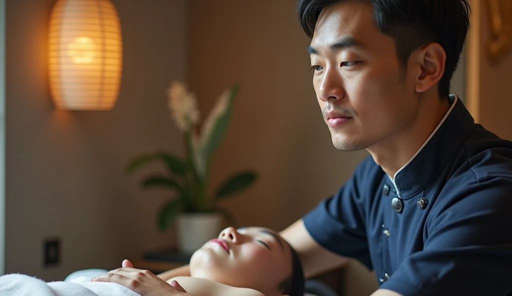 1boy、Real photo style、Photo Quality、Cute handsome man、Mash Hair、Japanese male, 、Completely naked、Full nudity、erection、Huge penis、Highest quality、Realistic、beautiful、Receiving an oil massage from an elderly man、Prone、Completely naked