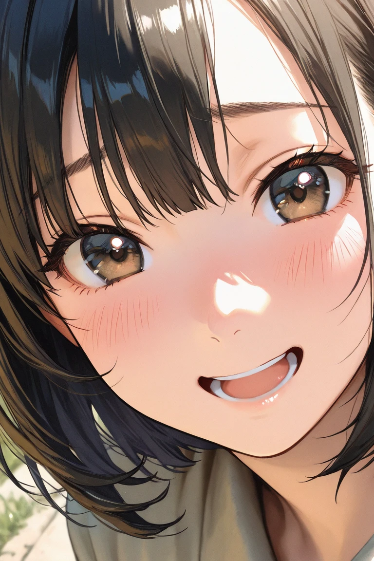 (masterpiece), ((最high quality)), (masterpiece,最high quality,Official Art,Highly detailed CG Unity 8k wallpaper)、Beautiful Japanese Women、Face drawn in detail、Smooth Skin、(Short black hair:1.5)、Calm expression、high quality、Realistic、((Hollow Eyes:1.6))、A seductive smile、(Open your mouth and stick out your tongue:1.3)、(Looking up at the viewer:1.4)、((Place one hand over your mouth))、