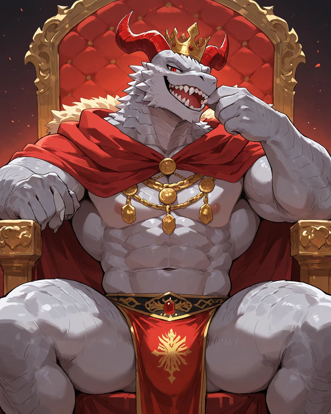 ((masterpiece, best quality)), sharp focus, 8k hd, depth of field, by Taran Fiddler, by greame, by arsauron, solo, dragon, anthro, male, golden scales, horns, spikes, chest hair, throne, throne room, king, crown, regal, bulge, loincloth, red cape, smug, upper body, portrait, profile, character focus