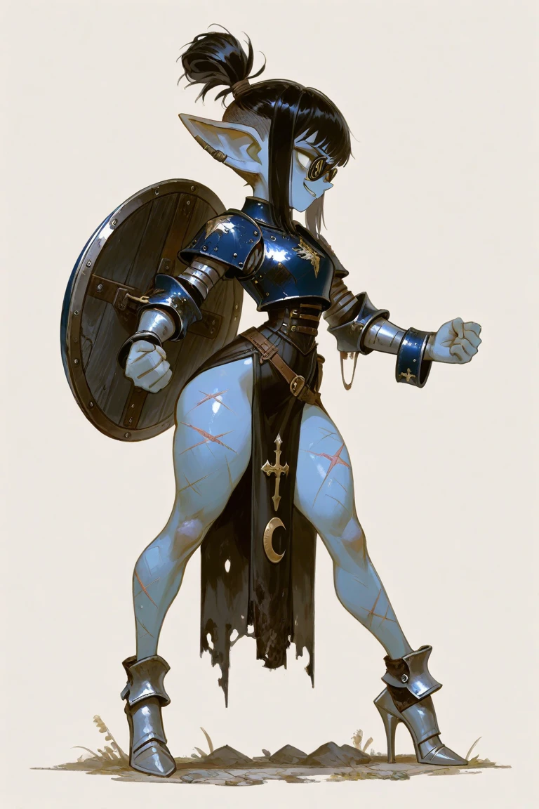 Devi, com olhos brilhantes, bruxo, maligno, with magic axe in hand, tatuagens pelo corpo, roupa de barbaro, musculoso, e velho, without one of the arms.