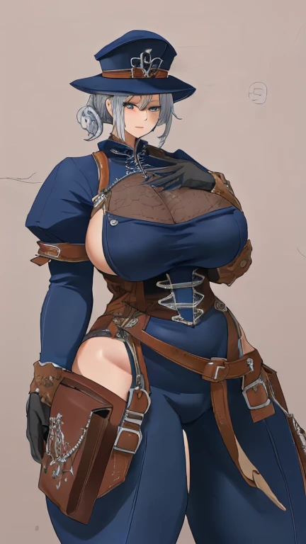 White hair , short hair, pinched eyes, (big-tits:1.5) , Thin legs, thin body, leather collar, Maid outfit victorian, dynamic pose, full body, squatting, View from below