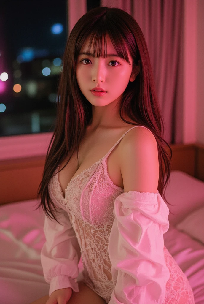 Woman with large breasts, long hair realistic, Japanese Idol, vivid image, masterpiece, (best quality: 1.2), ultra-detailed, realistic, high definition, high quality, cinematic light, ray tracing, ultra high res, UHD, (photorealistic: 1.5), Feather fabric sexy nightwear, intricate details, detailed texture, finely detailed, high quality shadow