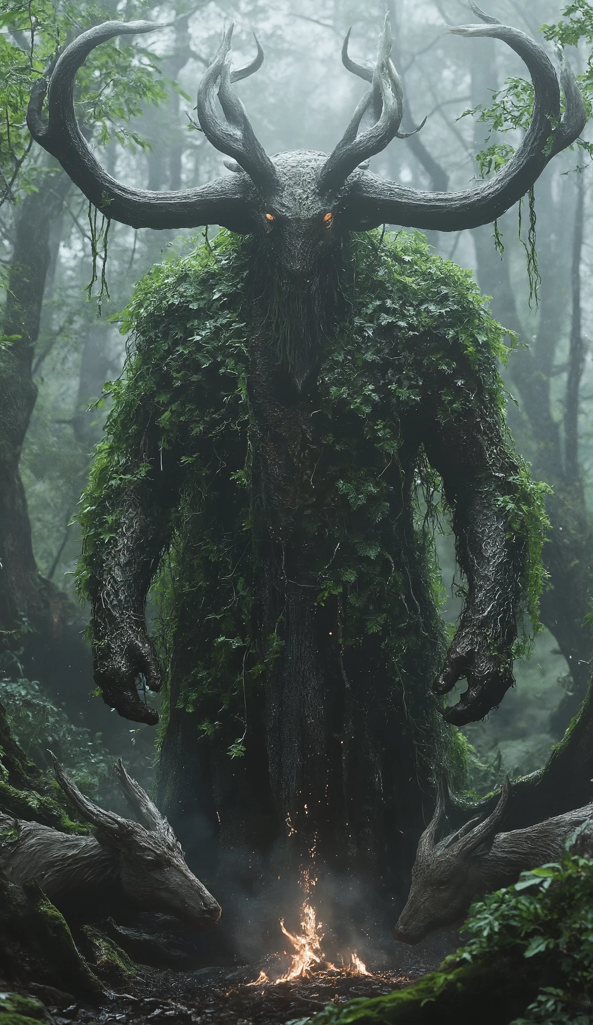 **"A titanic Celtic god Cernunnos, antlered and cloaked in vines, standing in an enchanted forest, animals bowing before him, ultra-detailed foliage and mystical fog, 8K ultra-HD fantasy illustration."**