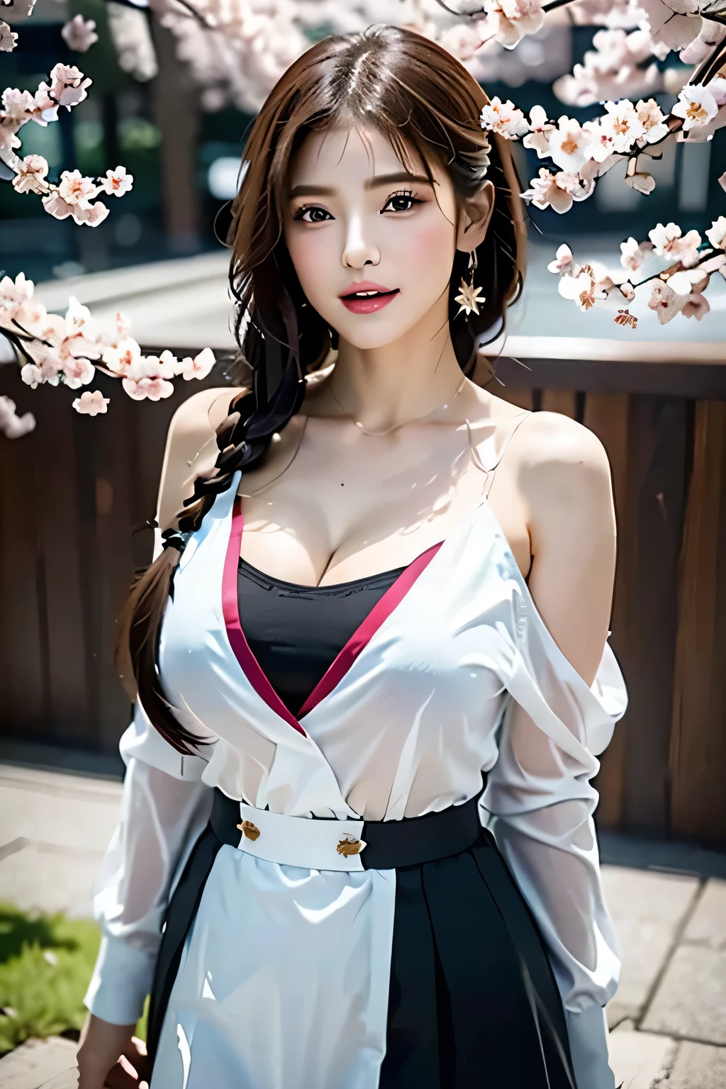 Woman standing sexy in schoolgirl uniform,(Cherry blossom trees:1.3),(Sakura Fubuki:1.3),( round ponytail braided fishbone hair adorned with intricate braids and beads),(((Outfits that blow in strong winds))),A drenched floral dress that accentuates the beautiful curves of her glamorous body,big breast slip,highlight cleavage,(8k,masterpiece,Best Quality, ultra-high resolution output images ,),Picture Mode Ultra HD