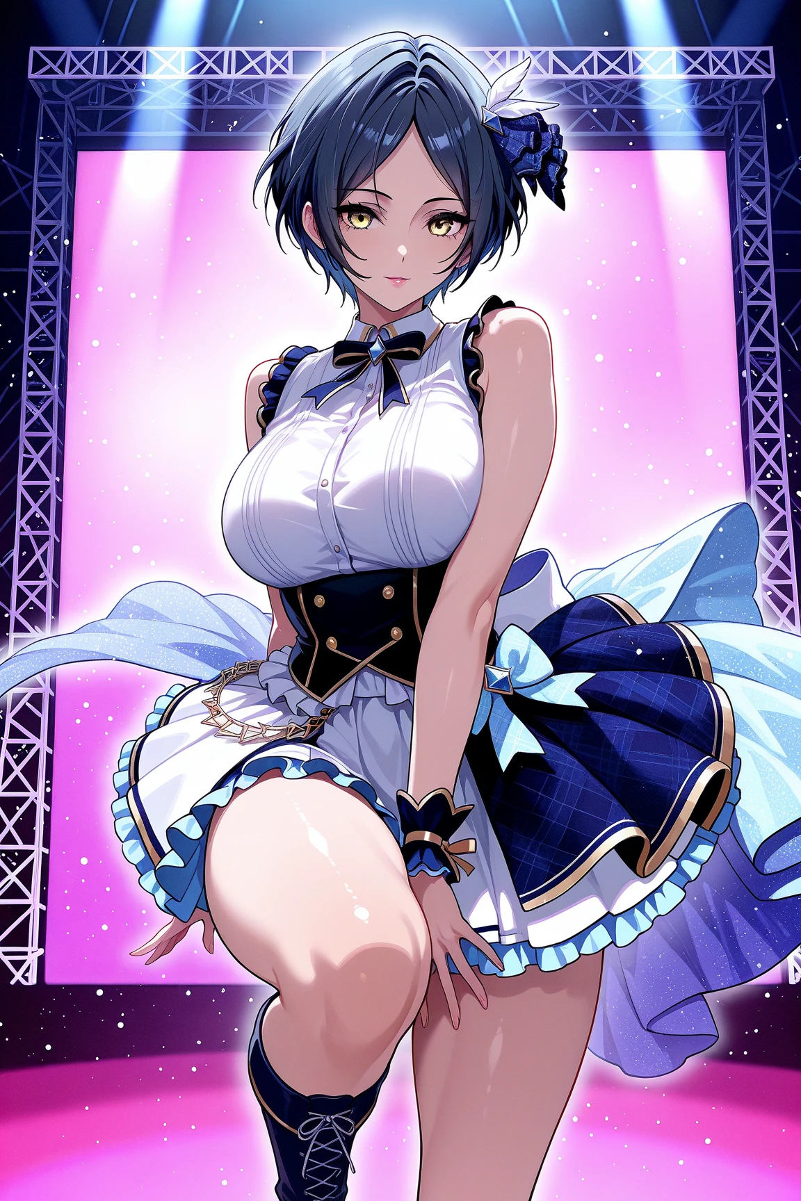 OrimiyaYui, short hair, blue hair, hair ornament, blue eyes, ,large breasts,, Live Stage, solo, NIPPLE