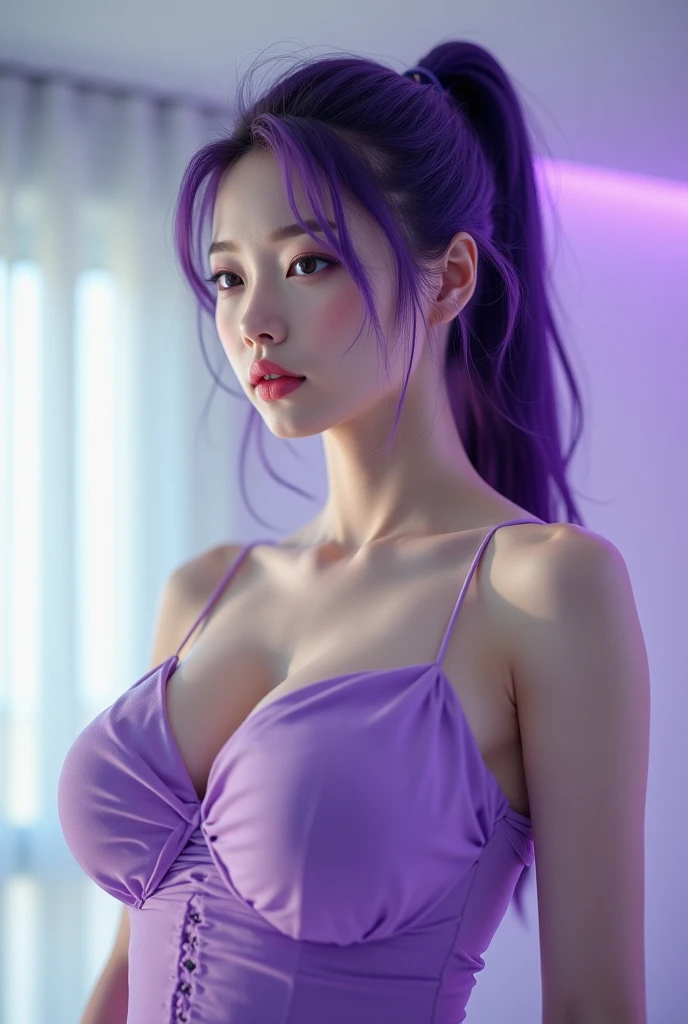 Top quality, RAW Photo, Highest Quality Image, 16K, Full body, Age 18 years old, Realistic, Photorealistic, Beautiful Thai Girl, Sexy, Perfect slender body, Supermodel Body shape, White pale skin, Beautiful hair, Wavy hair, Bright Purple Hair Color, Beautiful hairstyle, Detailed face, Detailed body, Detailed skin, Double eyelids, Big eyes, long eyelashes, bright eyes, green eyes, natural lips, detailed lips, slender legs, Open leg, thin waist , small hip, Naked, Pussy, detailed pussy, Hairy, Pink nipples, Round shape breasts, detailed breasts, Beautiful breasts, Small Breasts, Perfect breasts, small thighs, posing at a Empty Room, Nude and Erotic Photoshoot, White tone light , Bright light , smiling, perspective from below