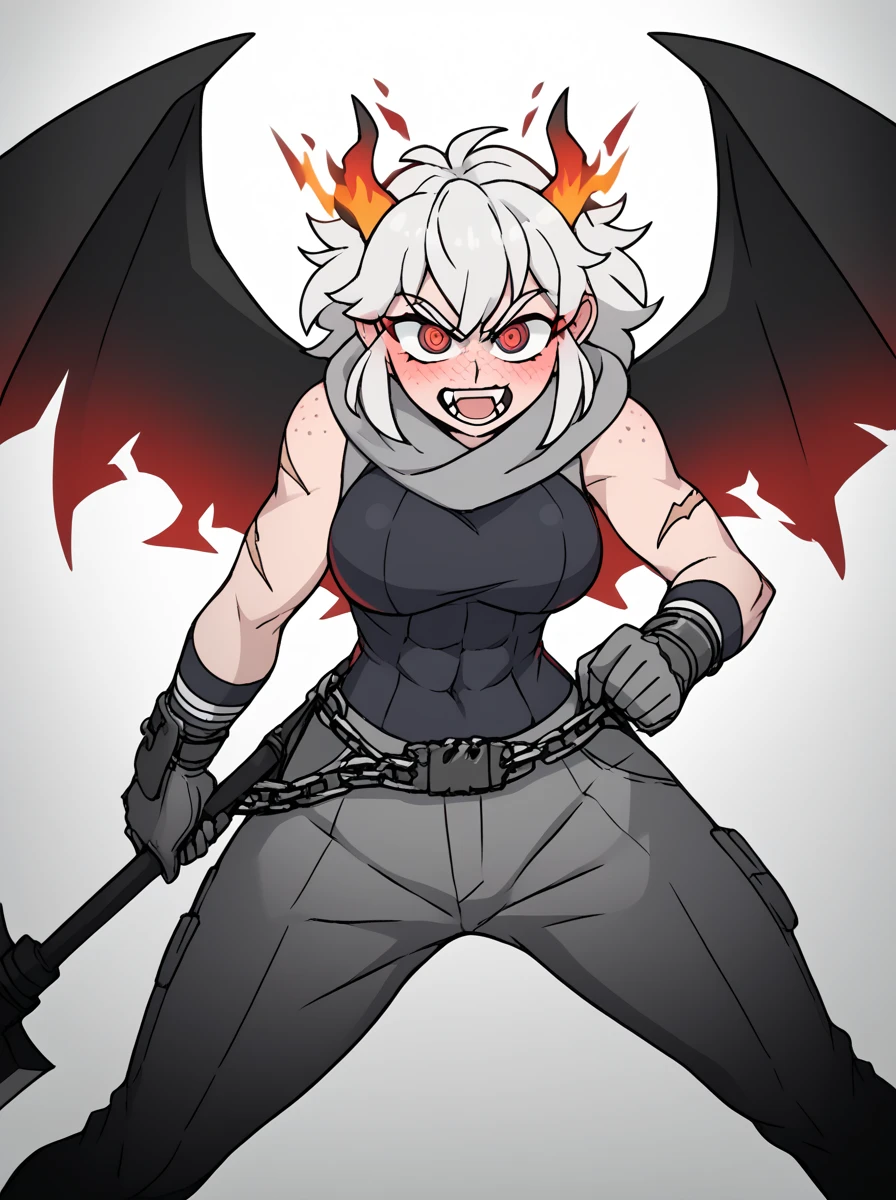hell,red sky,volcano,1girl,solo,horns,only two horns,red horns,dragon horns,gray hair,single ponytail,elf ears,earrings,red eyes,devil smile,sharp teeth,(dark skin,dark skin female),collarbone,large breasts,cleavage,abs,muscular female,wings,dragon wings,only two wings,tail,dragon tail,only one tail,athletic leotard,gym shorts,(holding,hilt,holding_hilt,sword,holding_sword,only one sword,holding sword in right hand,burning_sword)