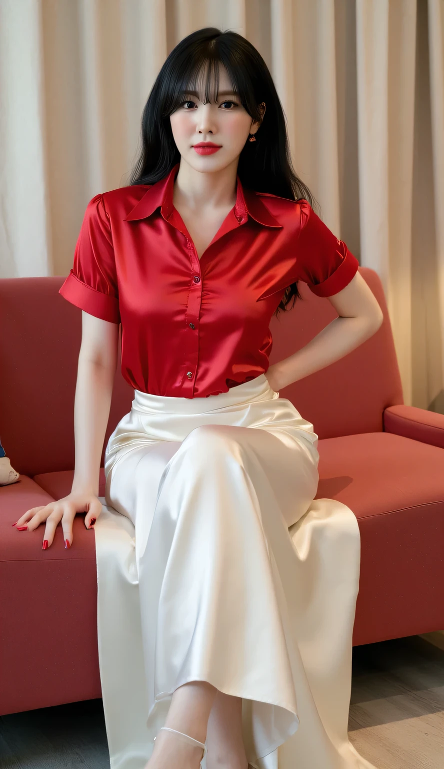 a woman, sitting upright in the living room, shirt looks full body, body facing front, using short sleeve muslim shirt in red satin material, long skirt of satin material of white color, white highheel shoes, big size G-cup, thick hair of black color, seductive face, red lips,