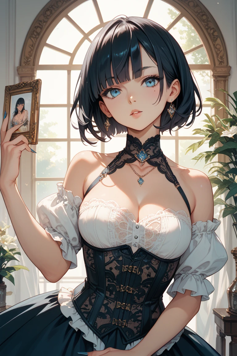 ((Biologically correct limb count))、(( Full-body photo including face))、4K、((Standing position))、masterpiece、((Focus on the face))、((Symmetrical facial features))、Eye for detailed depiction、Beautiful blue-haired woman、Excellent style、Beautiful clavicle、Beautiful feet、Beautiful Hands、Slender body、(Black Stockings、garter belt、High heels)、Facial detailing、Small earrings、necklace、(No sleeve、red gothic dress)、tie、sunny、(((Photo frame with white border)))、Seductive posture、((She is sitting with her buttocks thrust back and her upper body arched, looking up.))、Looking at the night view、(Low - Angle、A camera angle that captures the inside of a skirt from below)、(((Black Hair、Silver Hair)))、(((Crying face)))、((Face forward and stick your chin out))、Close-up photo of the upper body、