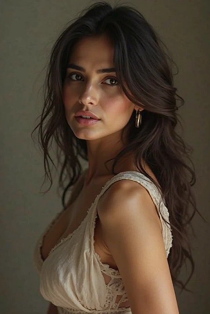Photography of a woman, beautiful gorgeous face, ((open body)), (wearing turtleneck bra), cute, ((dark brown iris)), perfect body, cinematic lighting, bokeh, 8k, uhd, soft shadows, masterpiece, (very detailed face lips eyes), round medium , long brunette hair, high ponytail, ((extremely proportion)), ((hyper detailed)), ((photorealistic)), ((absolutely gorgeous face))