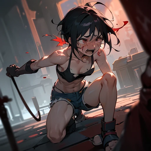 masterpiece, best quality, 1 girl, nude, standing in fire, resisted by chain, resisted to steel pole, arms cross in behind body, shouting, crying, trembling with heat, line effect, sweaty skin, Burns all over the body, in execution site