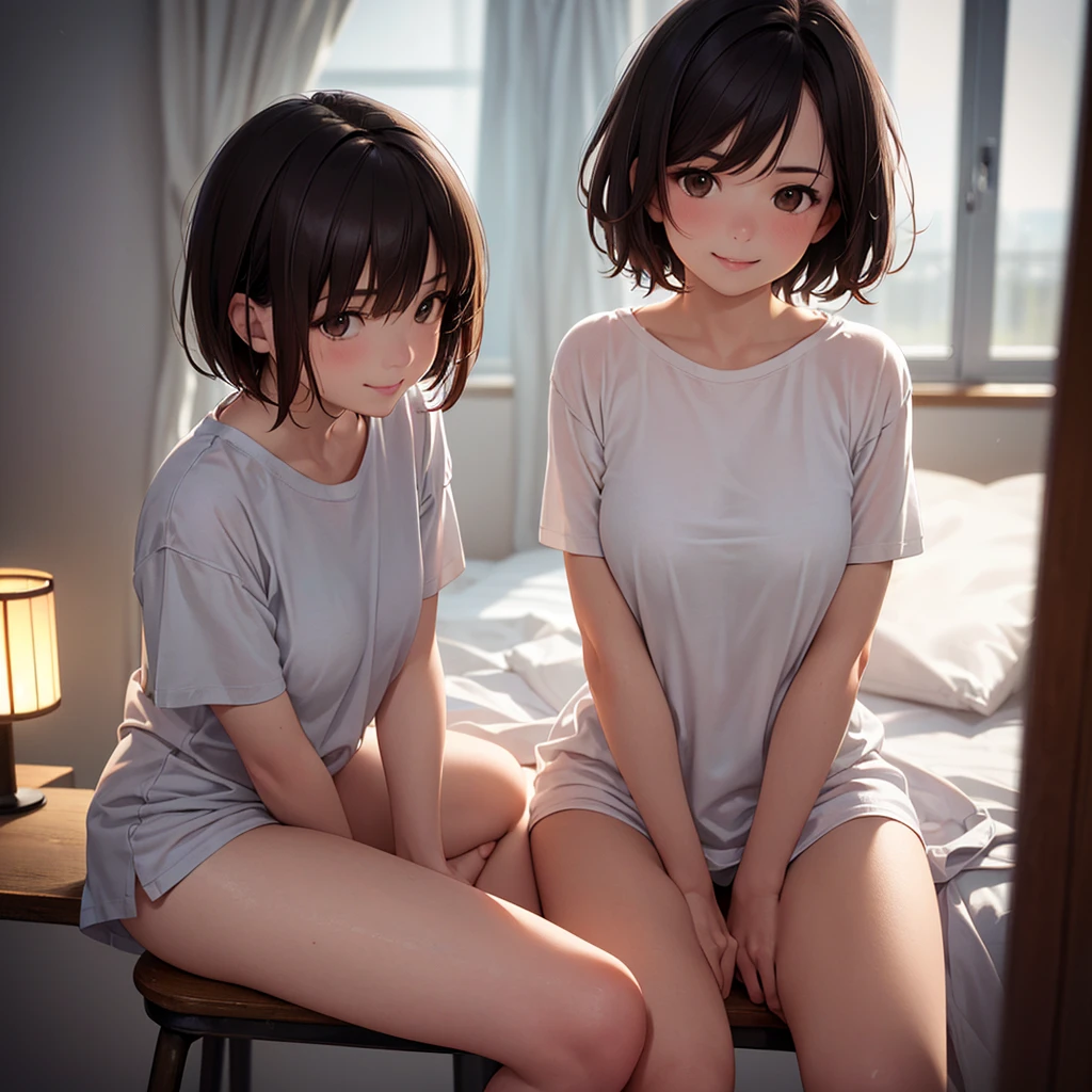(masterpiece:1.2), (highest quality:1.2),, Curvy but slender body, Perfect Eyes, Perfect Face, Perfect lighting, 2 girls ,indoor,(Standing position),(whole bodyのショット),(Cute Smile),(Front view), Detailed Background, , eye shadow, Thick eyelashes, Fashionable and cute clothes, Observe the audience, whole body、Bright and beautiful face、Young and shiny white glossy skin、Ultimate beauty、The most beautiful light brown hair in the world、Thin Hair、short hair、beautiful shiny bangs、big, Bright Blue Eyes、Very beautiful and lovely 18 year old, The most beautiful girl in the world、Medium Bust,Hairstyle Center,(Zoom to butt)Amount of pubic hair:50.0,(Stick your butt out),